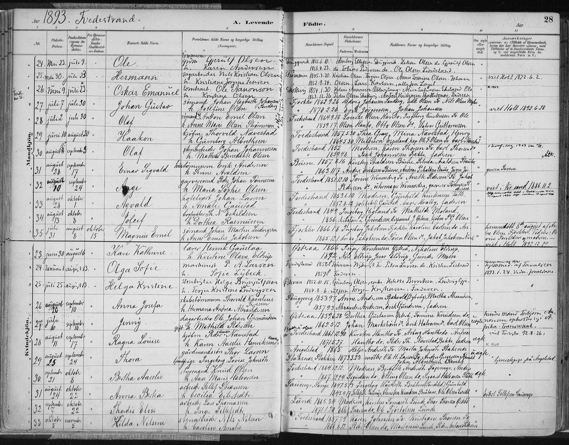 Tvedestrand sokneprestkontor, AV/SAK-1111-0042/F/Fa/L0001: Parish register (official) no. A 1, 1885-1916, p. 28