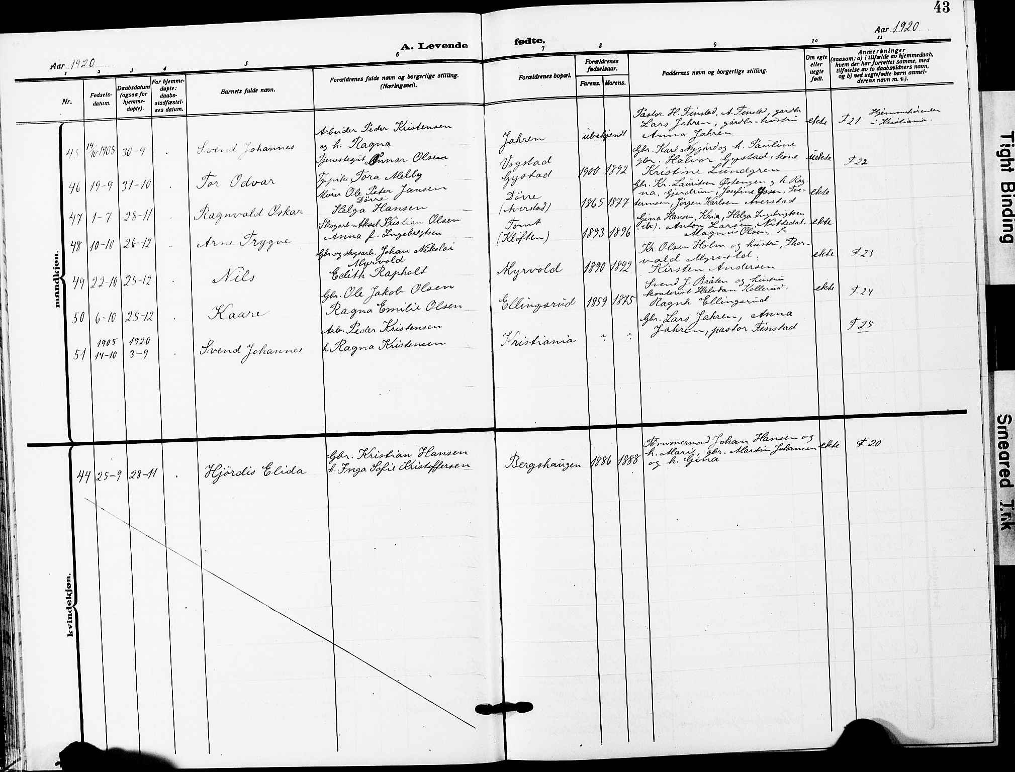Ullensaker prestekontor Kirkebøker, AV/SAO-A-10236a/G/Ga/L0003: Parish register (copy) no. I 3, 1914-1929, p. 43