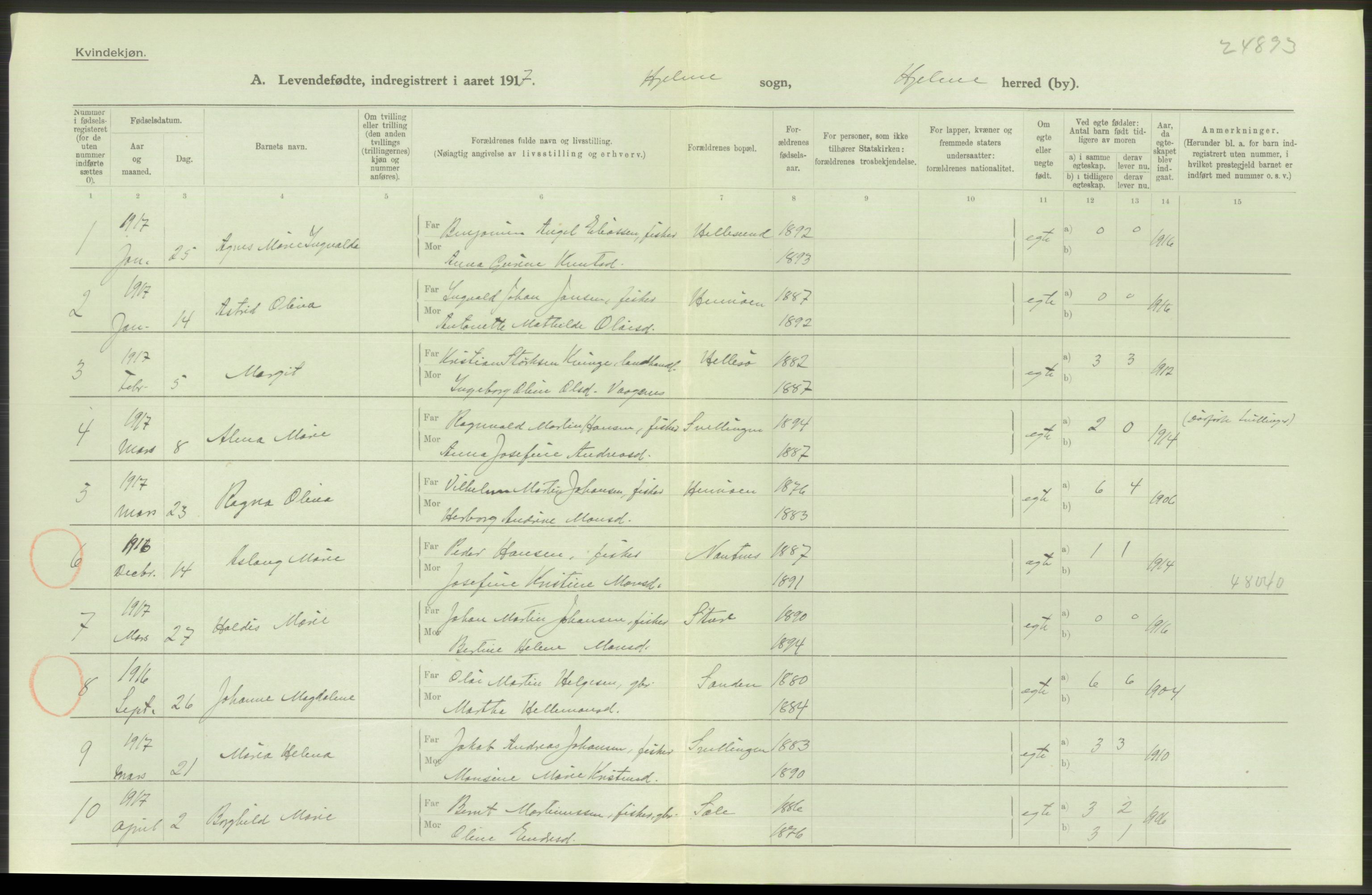 Statistisk sentralbyrå, Sosiodemografiske emner, Befolkning, AV/RA-S-2228/D/Df/Dfb/Dfbg/L0034: S. Bergenhus amt: Levendefødte menn og kvinner. Bygder., 1917, p. 104