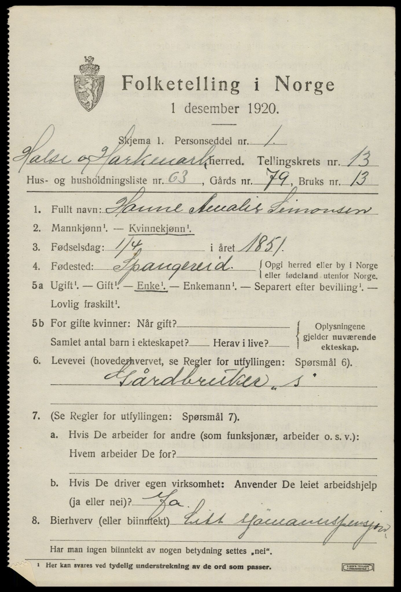 SAK, 1920 census for Halse og Harkmark, 1920, p. 7593