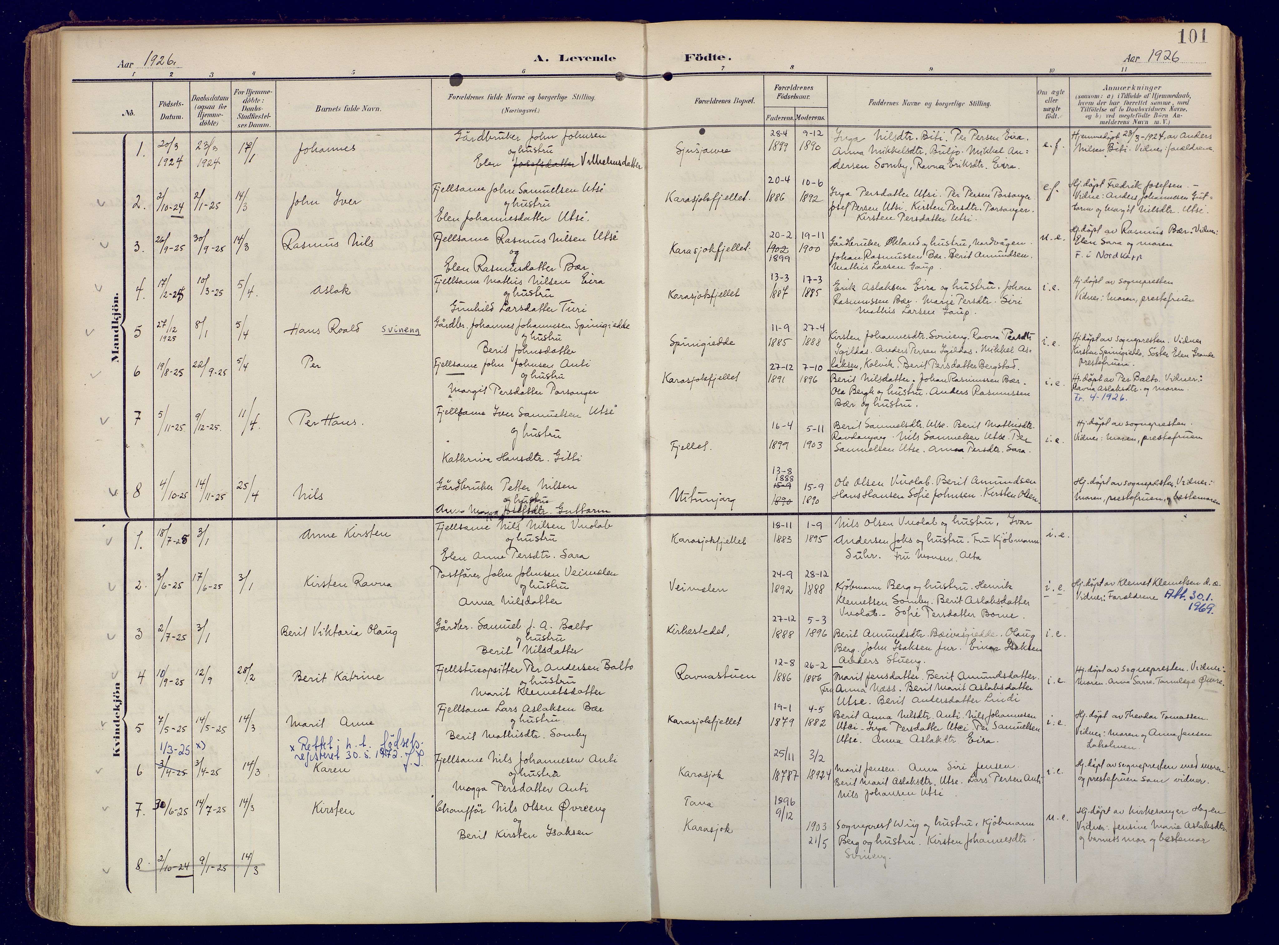 Karasjok sokneprestkontor, AV/SATØ-S-1352/H/Ha: Parish register (official) no. 3, 1907-1926, p. 101