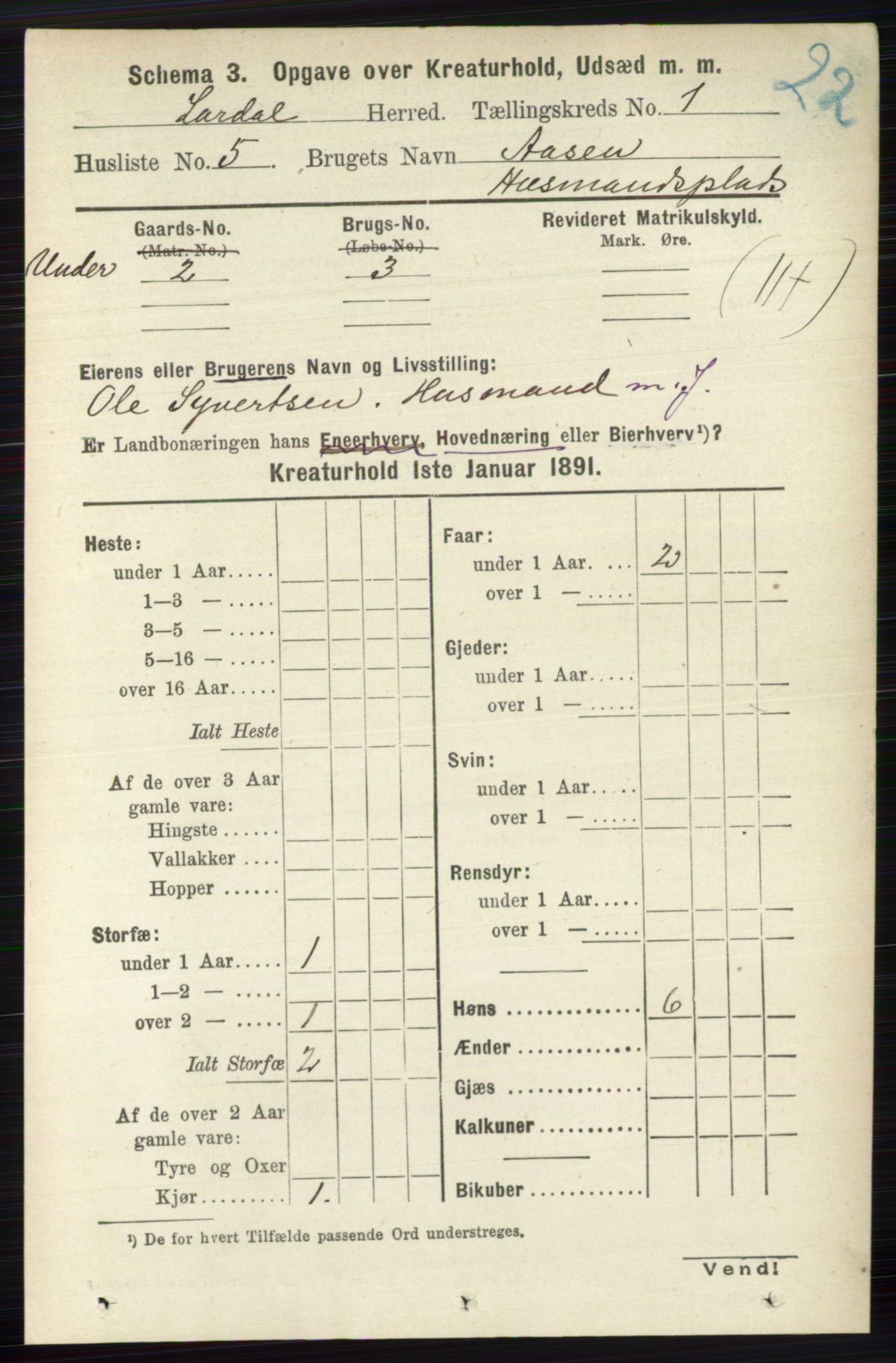 RA, 1891 census for 0728 Lardal, 1891, p. 3245