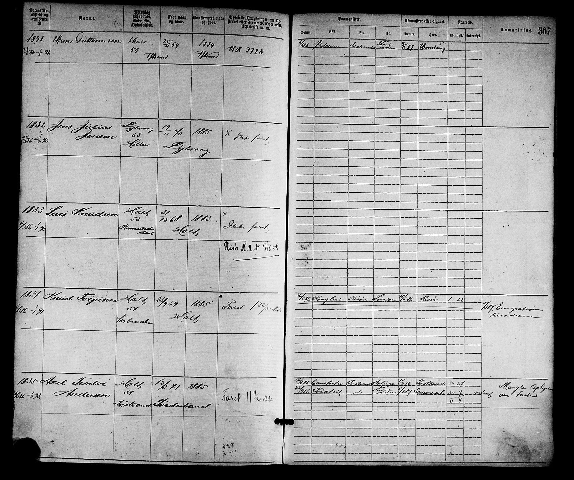 Tvedestrand mønstringskrets, SAK/2031-0011/F/Fa/L0001: Annotasjonsrulle nr 1-1905 med register, R-1, 1866-1886, p. 393