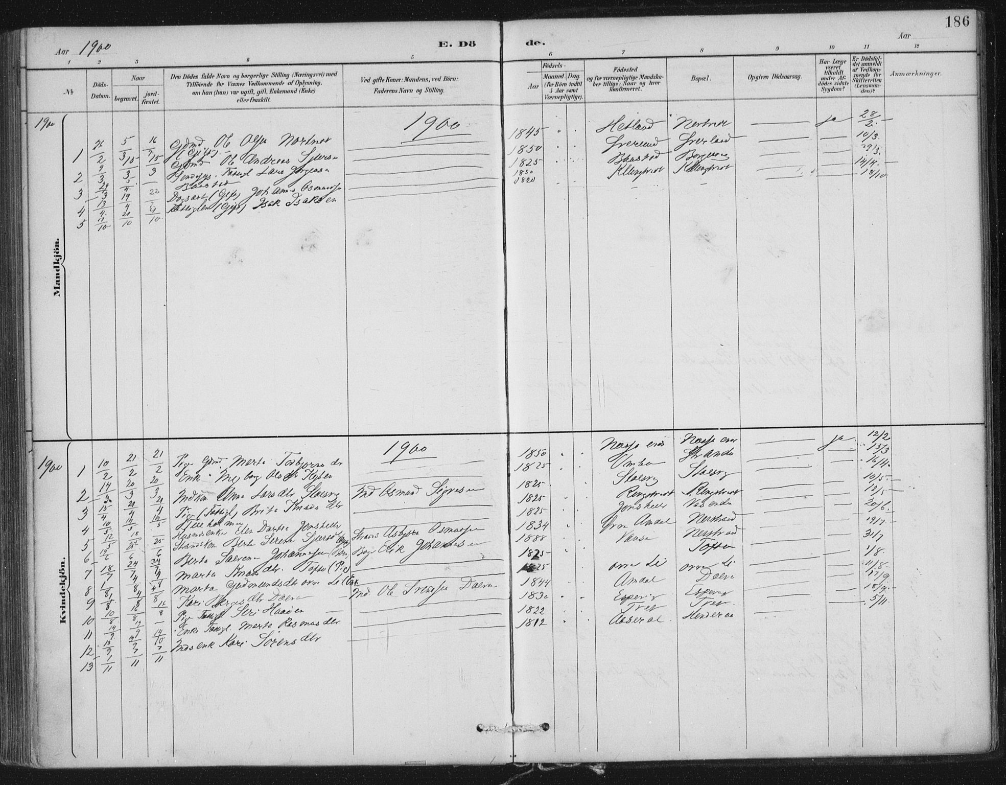 Nedstrand sokneprestkontor, SAST/A-101841/01/IV: Parish register (official) no. A 12, 1887-1915, p. 186