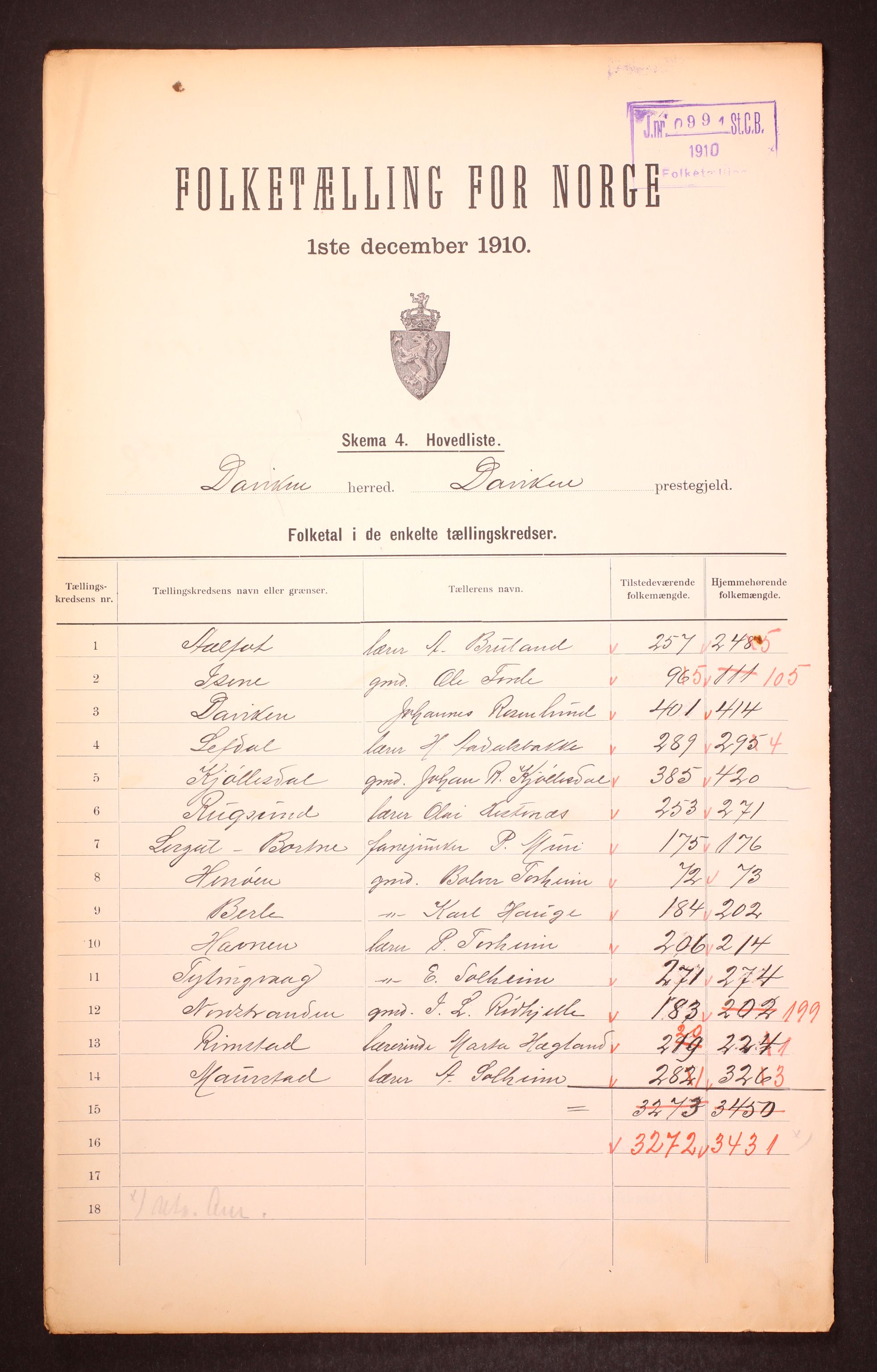 RA, 1910 census for Davik, 1910, p. 2