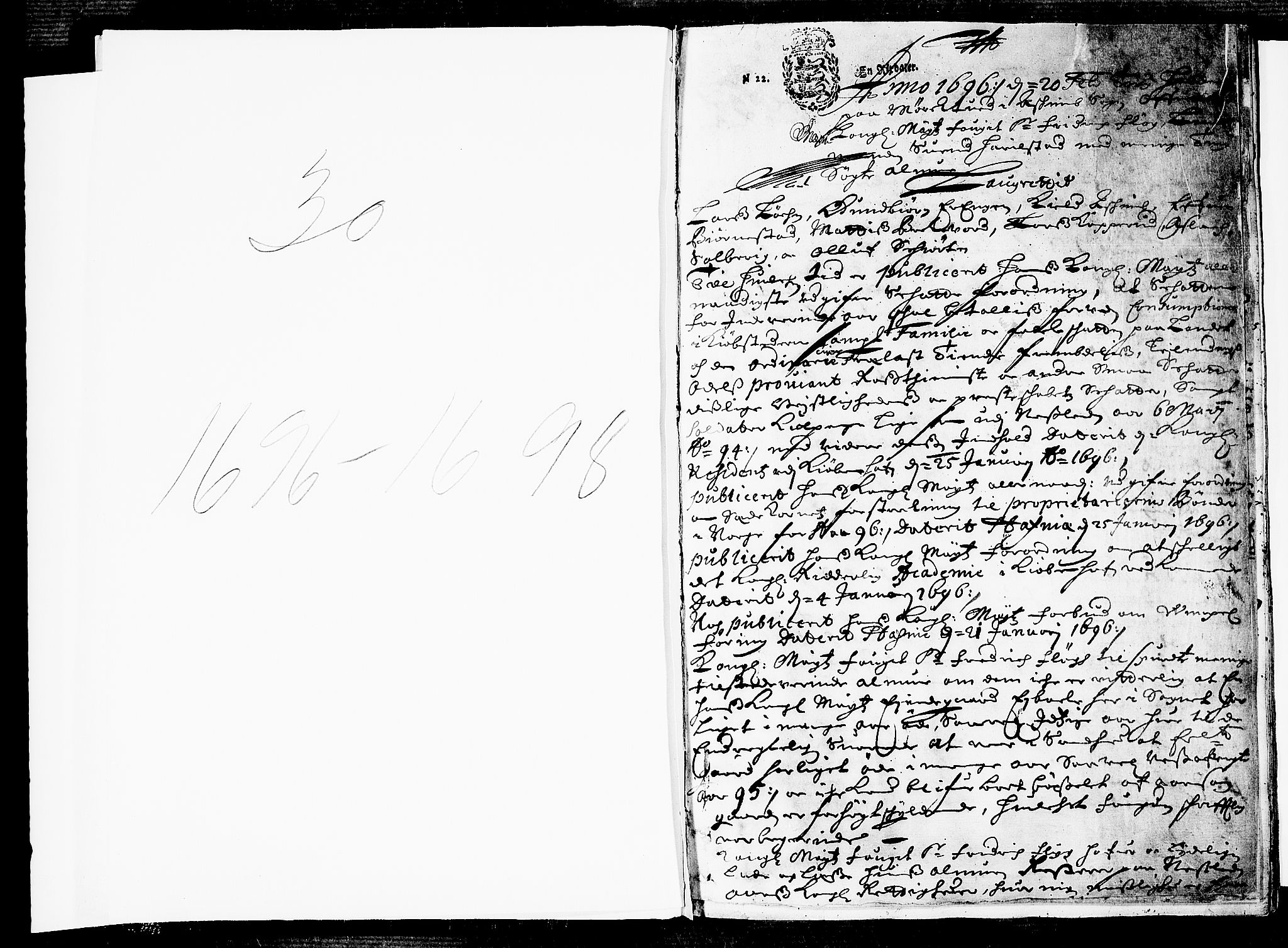 Heggen og Frøland sorenskriveri I, SAO/A-11556/F/Fb/L0030: Tingbok, 1696-1698, p. 0b-1a