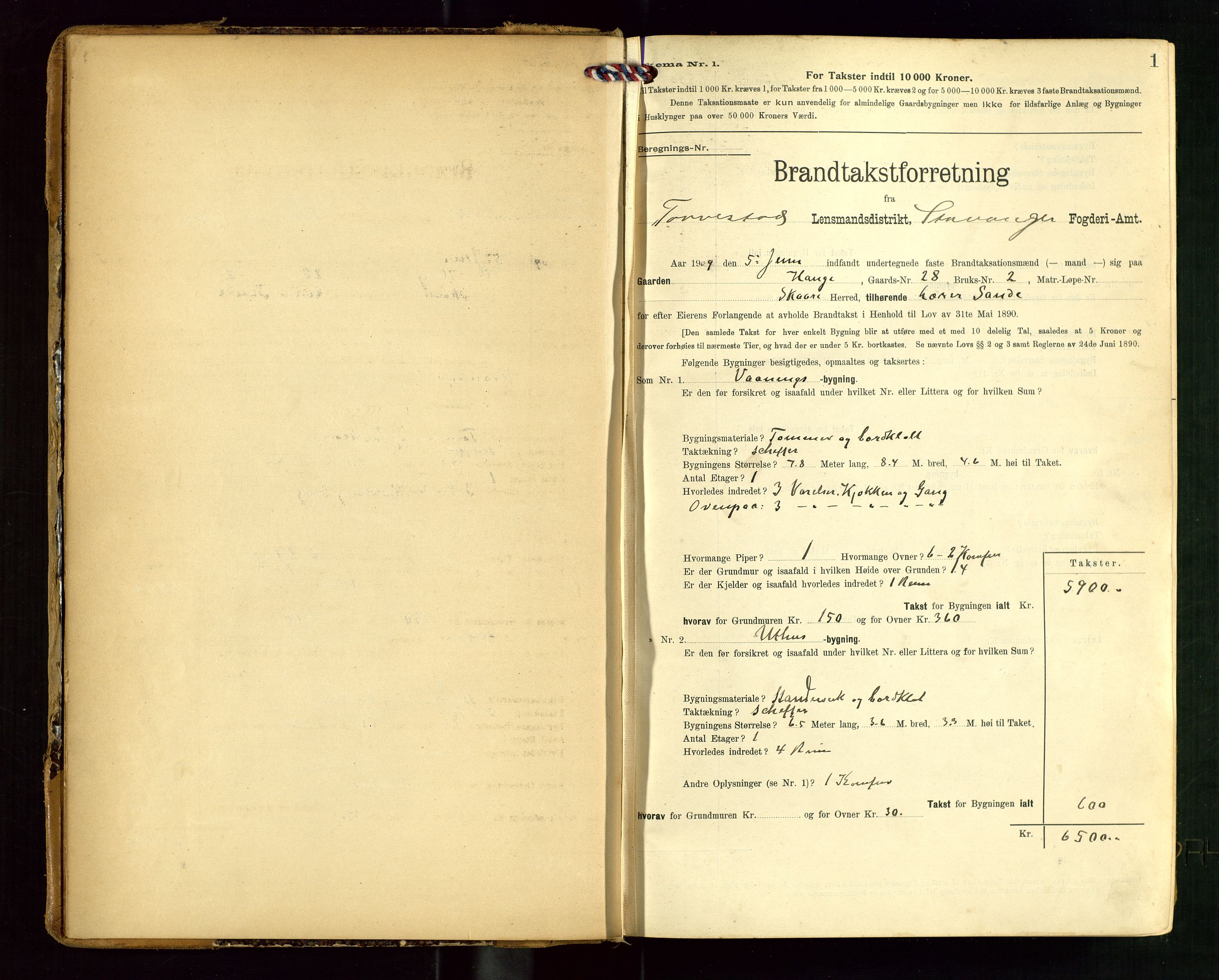 Torvestad lensmannskontor, SAST/A-100307/1/Gob/L0004: "Brandtaxationsprotokol for Torvestad Lensmannsdistrikt", 1909-1923, p. 1