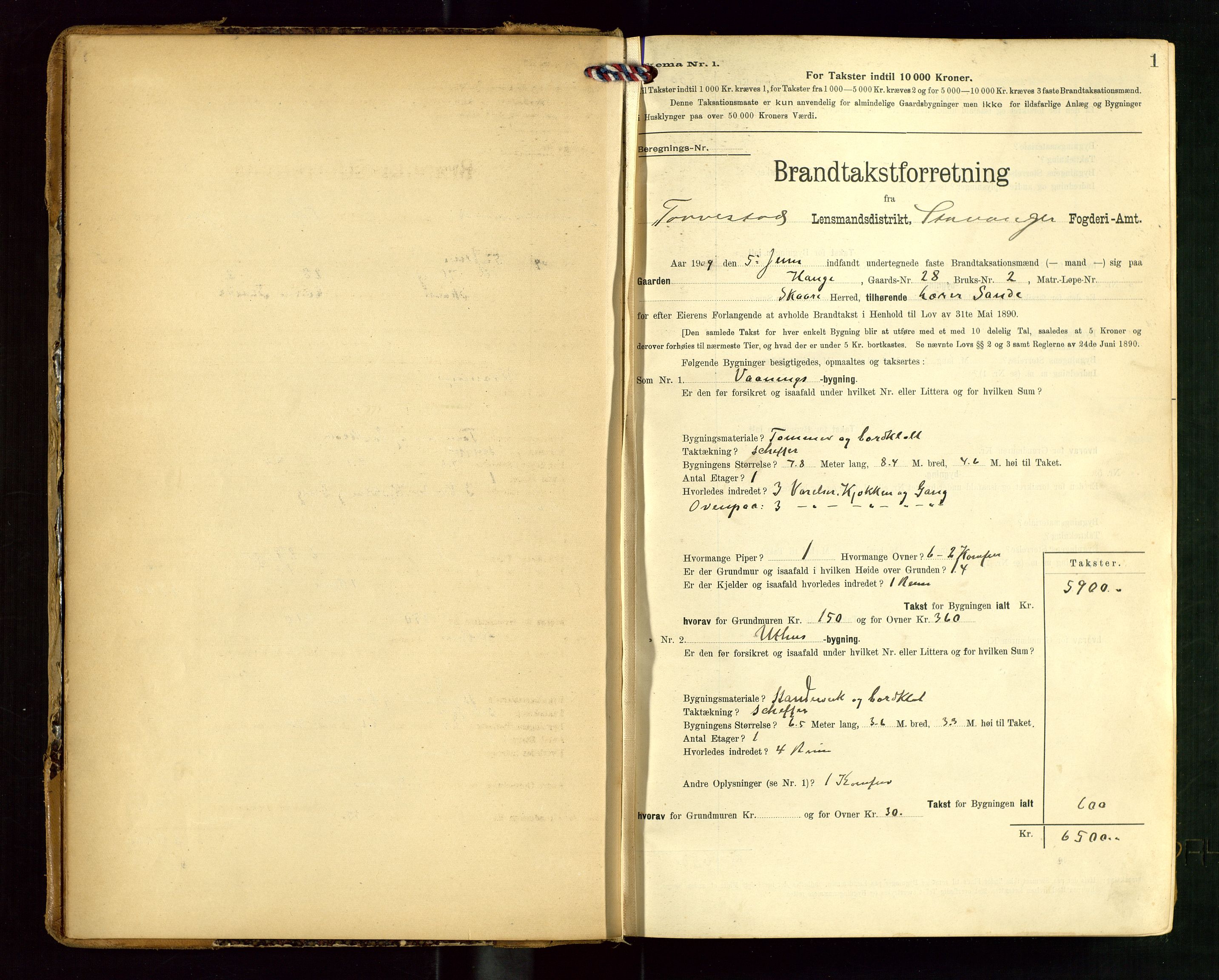 Torvestad lensmannskontor, AV/SAST-A-100307/1/Gob/L0004: "Brandtaxationsprotokol for Torvestad Lensmannsdistrikt", 1909-1923, p. 1