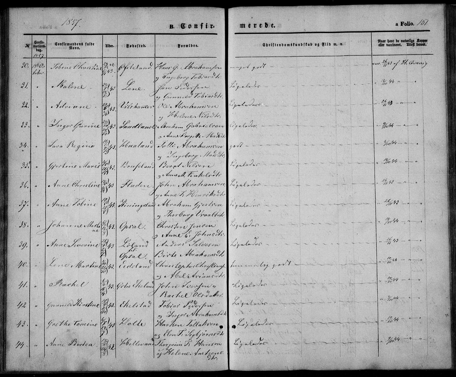 Lyngdal sokneprestkontor, AV/SAK-1111-0029/F/Fa/Fac/L0009: Parish register (official) no. A 9, 1852-1864, p. 151