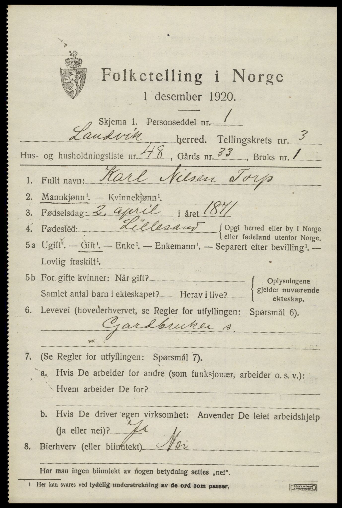 SAK, 1920 census for Landvik, 1920, p. 3354
