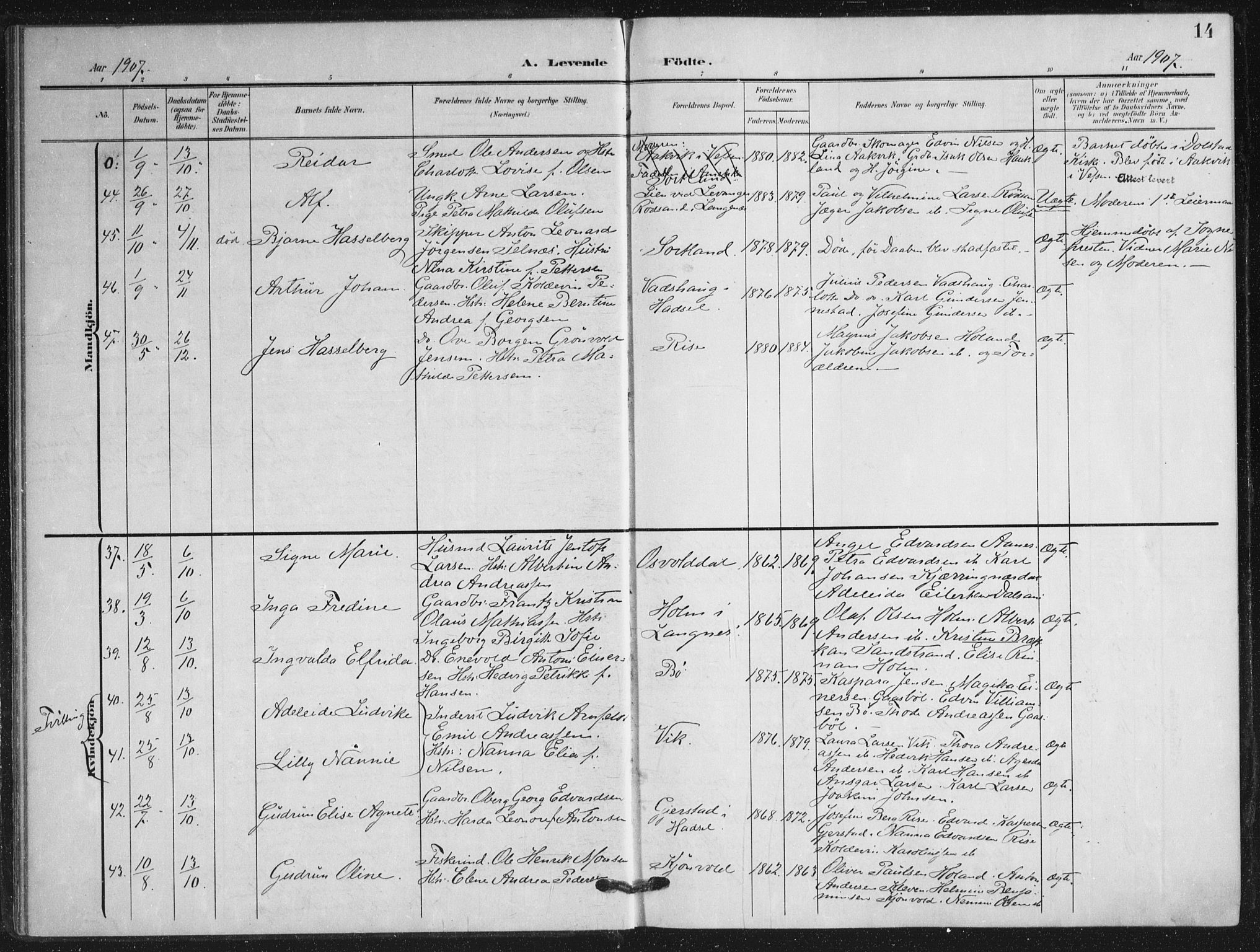 Ministerialprotokoller, klokkerbøker og fødselsregistre - Nordland, AV/SAT-A-1459/895/L1373: Parish register (official) no. 895A08, 1905-1915, p. 14