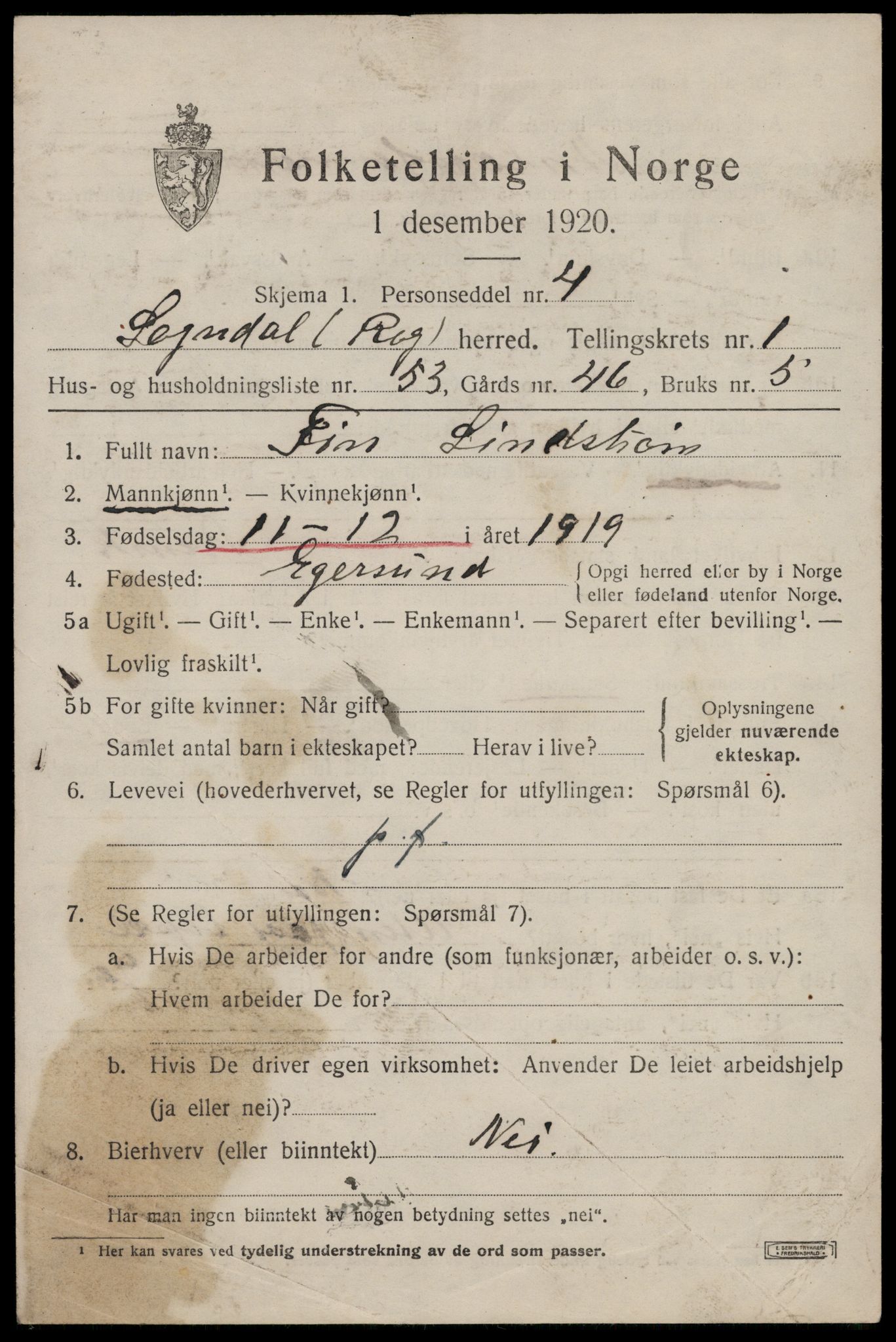 SAST, 1920 census for Sokndal, 1920, p. 1693