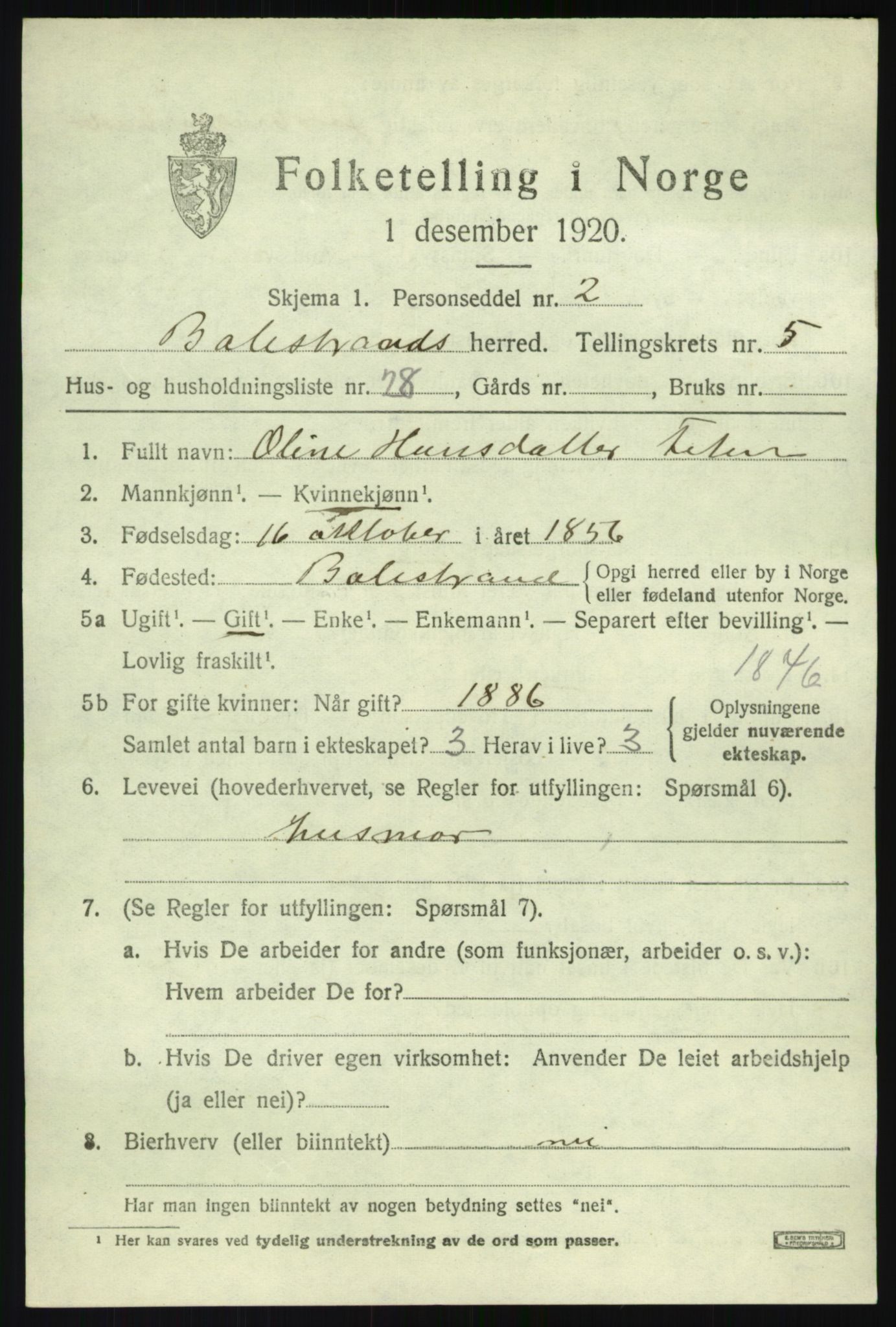 SAB, 1920 census for Balestrand, 1920, p. 2854