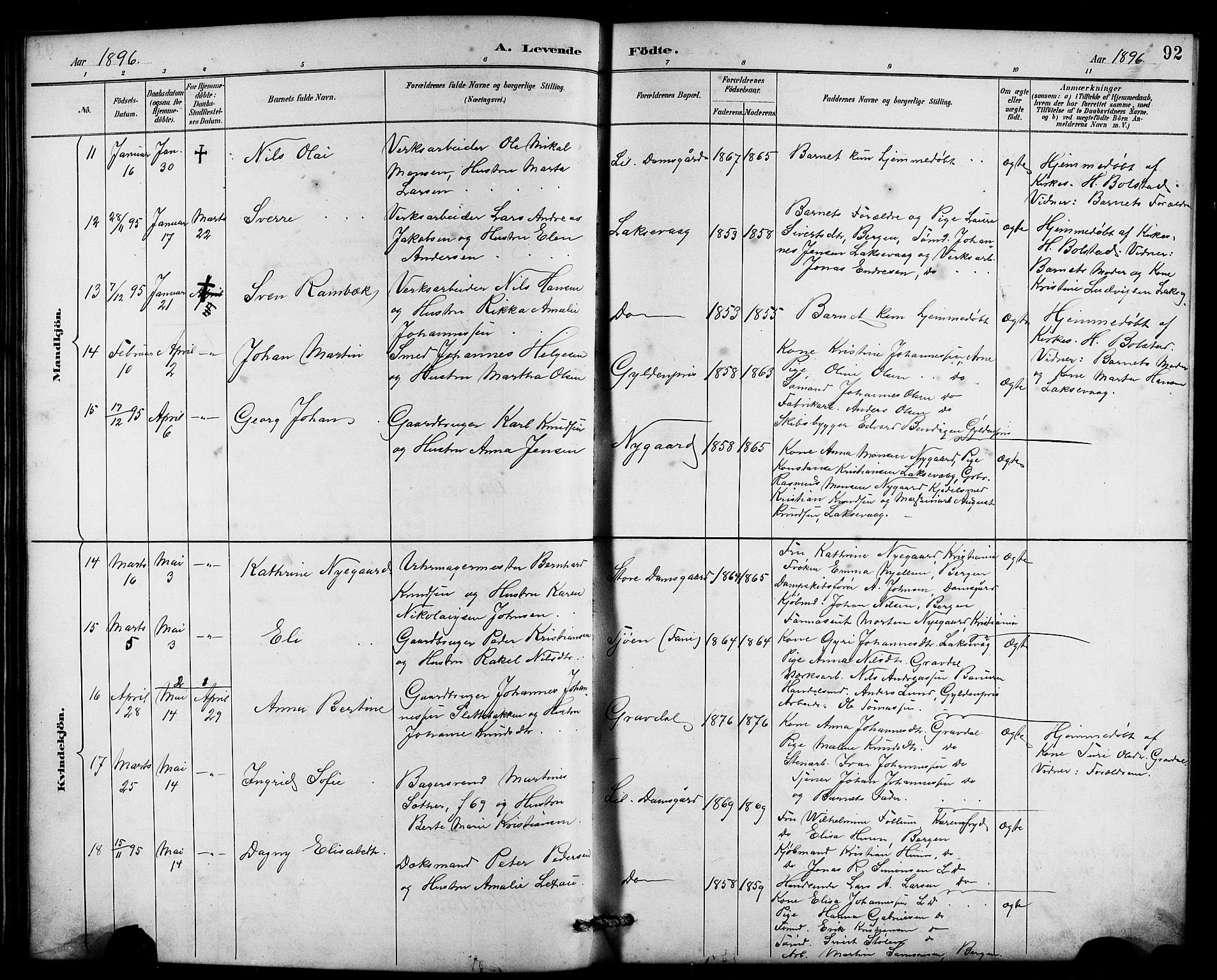 Laksevåg Sokneprestembete, SAB/A-76501/H/Ha/Hab/Haba/L0003: Parish register (copy) no. A 3, 1887-1899, p. 92