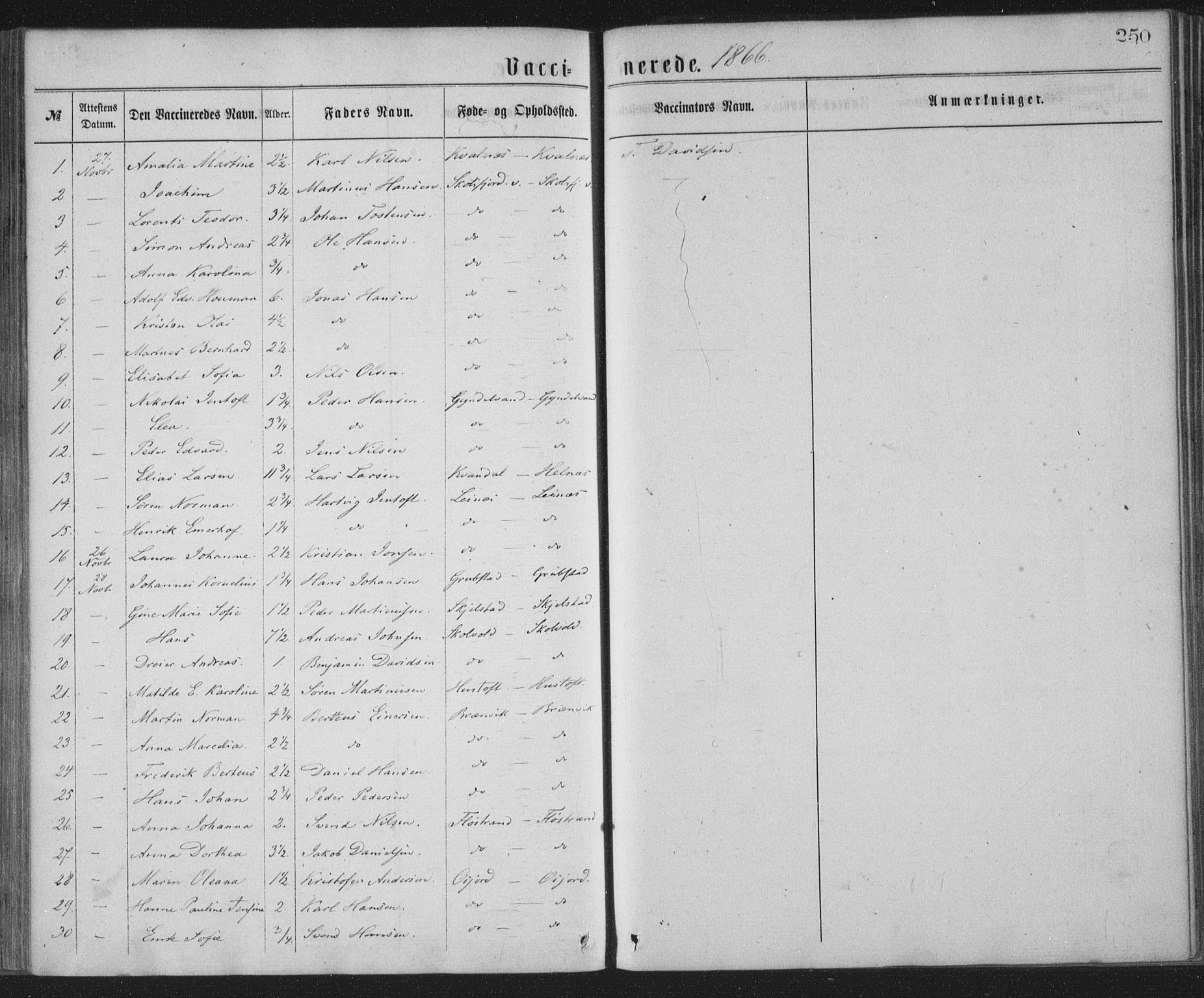 Ministerialprotokoller, klokkerbøker og fødselsregistre - Nordland, AV/SAT-A-1459/855/L0801: Parish register (official) no. 855A09, 1864-1874, p. 250