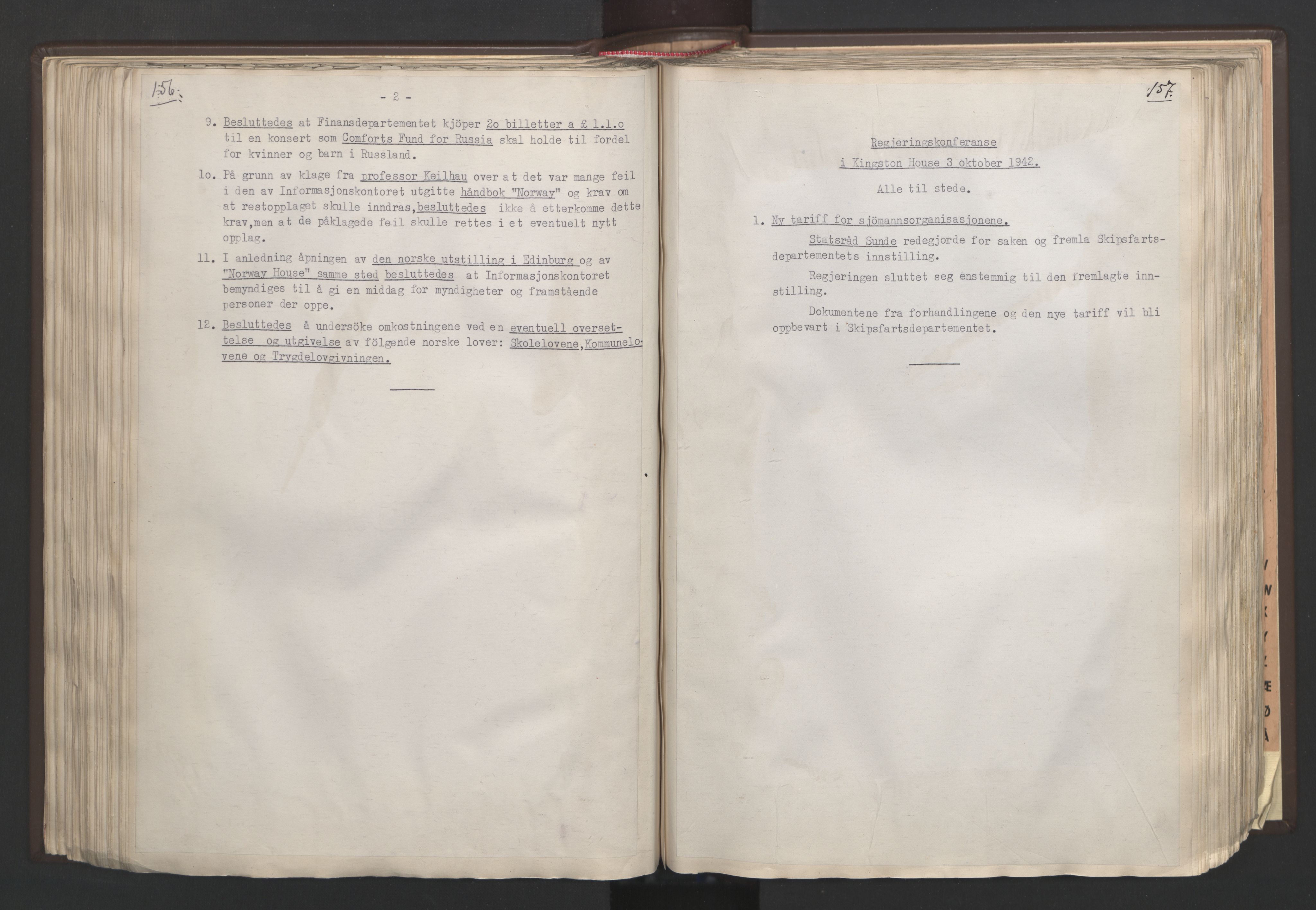 Statsministerens kontor, RA/S-1005/A/Aa/L0002: Referat fra regjeringskonferanser, 1942-1943, p. 156-157