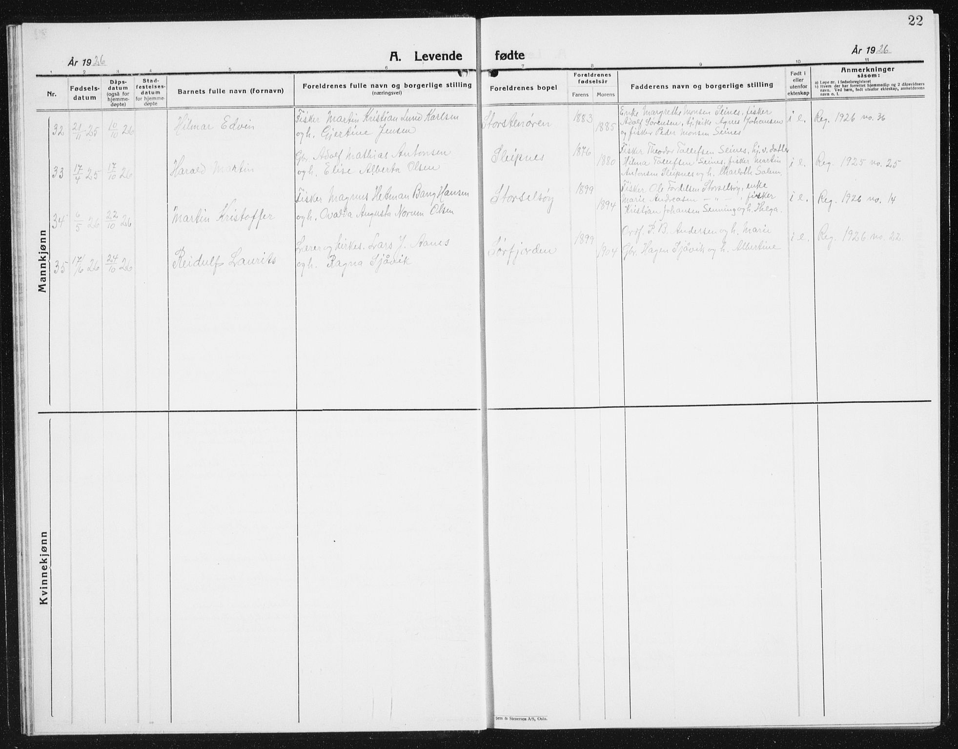 Ministerialprotokoller, klokkerbøker og fødselsregistre - Nordland, AV/SAT-A-1459/841/L0622: Parish register (copy) no. 841C06, 1924-1942, p. 22