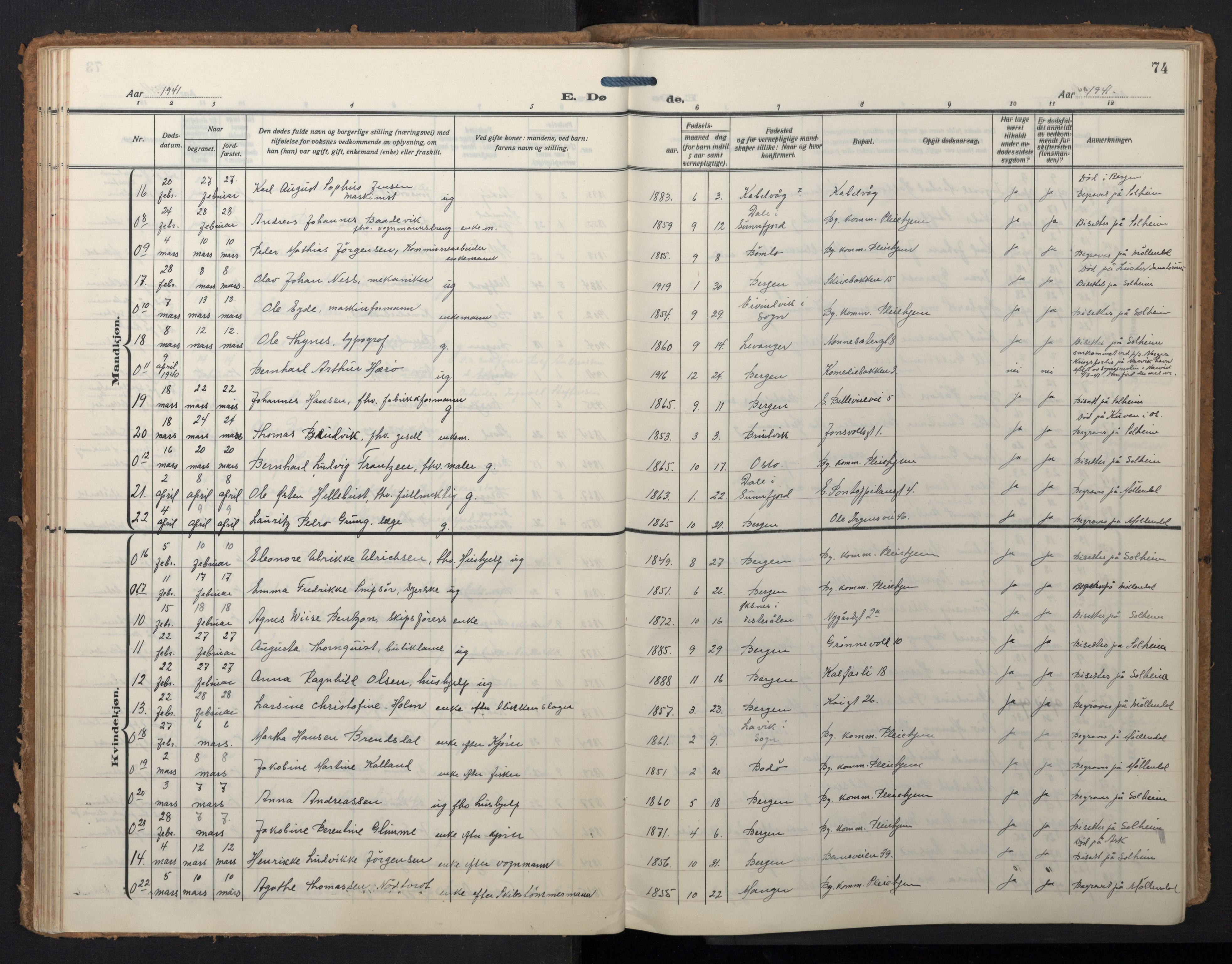 Domkirken sokneprestembete, SAB/A-74801/H/Hab/L0043: Parish register (copy) no. E 7, 1929-1965, p. 73b-74a