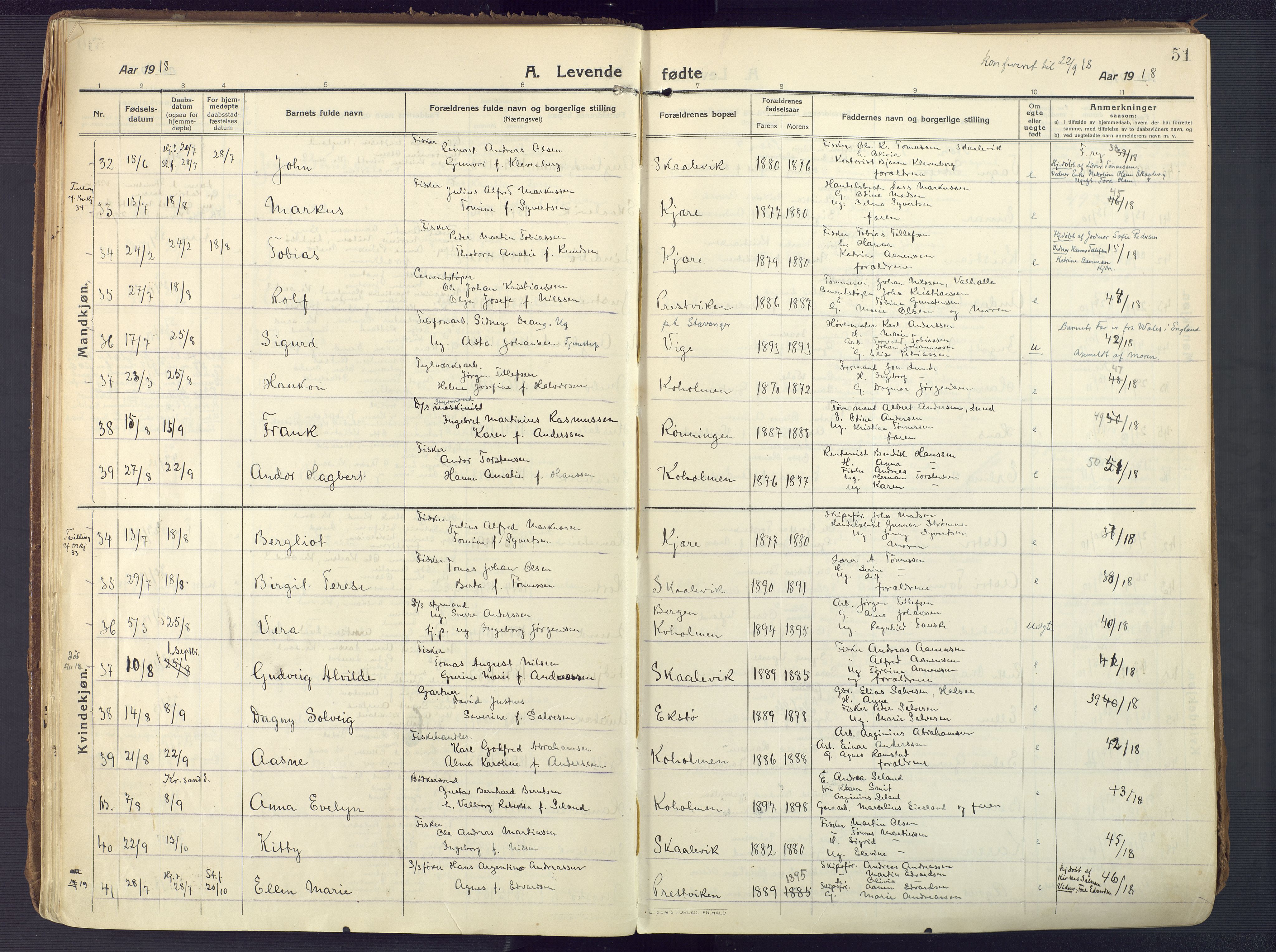 Oddernes sokneprestkontor, AV/SAK-1111-0033/F/Fa/Faa/L0012: Parish register (official) no. A 12, 1912-1925, p. 51