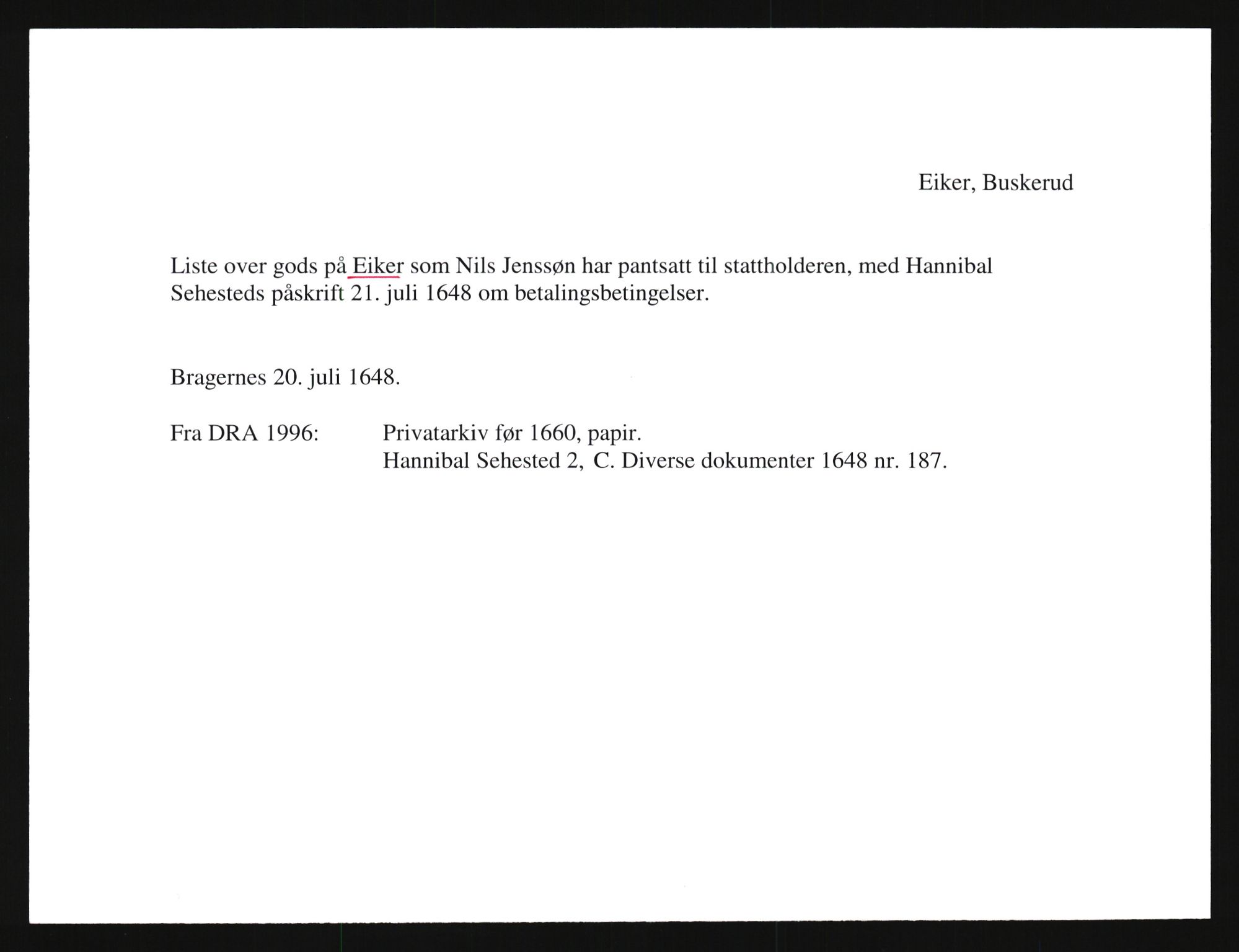 Riksarkivets diplomsamling, AV/RA-EA-5965/F35/F35e/L0015: Registreringssedler Buskerud 4, 1400-1700, p. 21