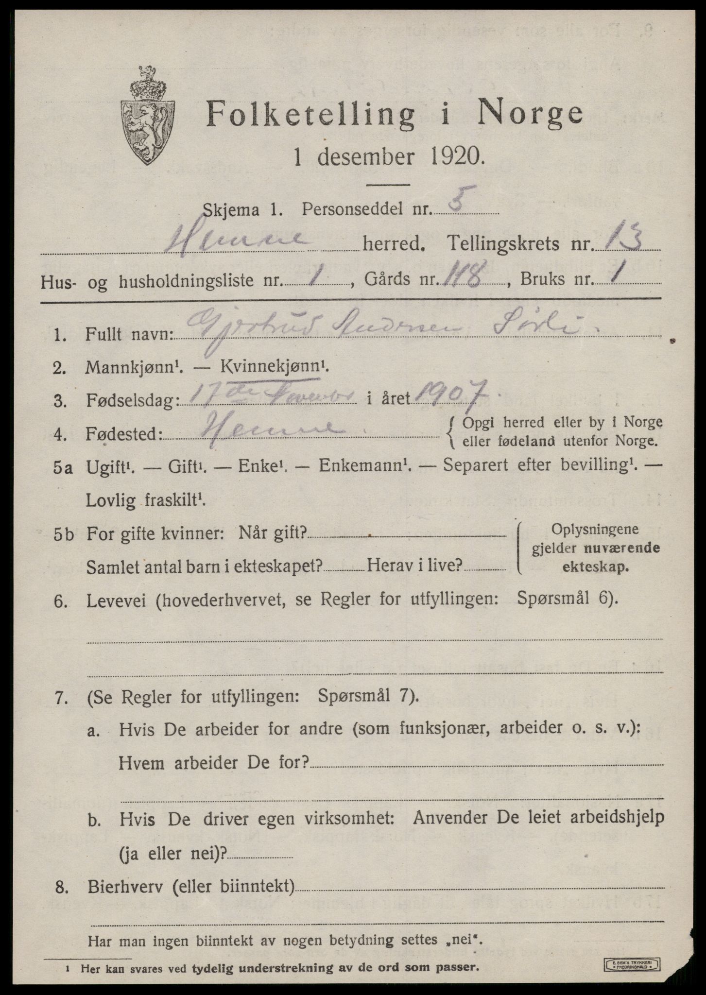 SAT, 1920 census for Hemne, 1920, p. 7280