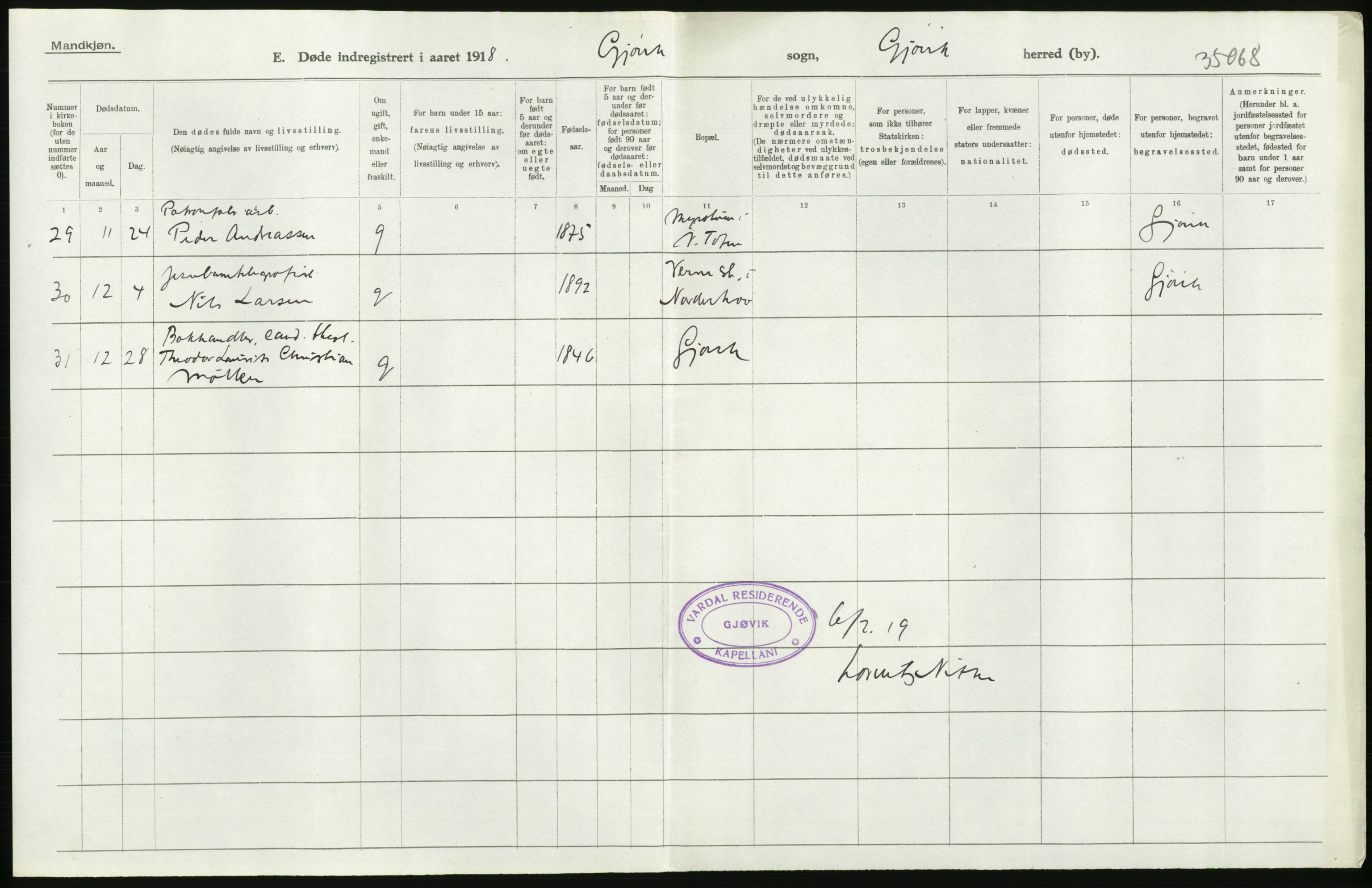 Statistisk sentralbyrå, Sosiodemografiske emner, Befolkning, RA/S-2228/D/Df/Dfb/Dfbh/L0017: Oppland fylke: Døde. Bygder og byer., 1918, p. 508