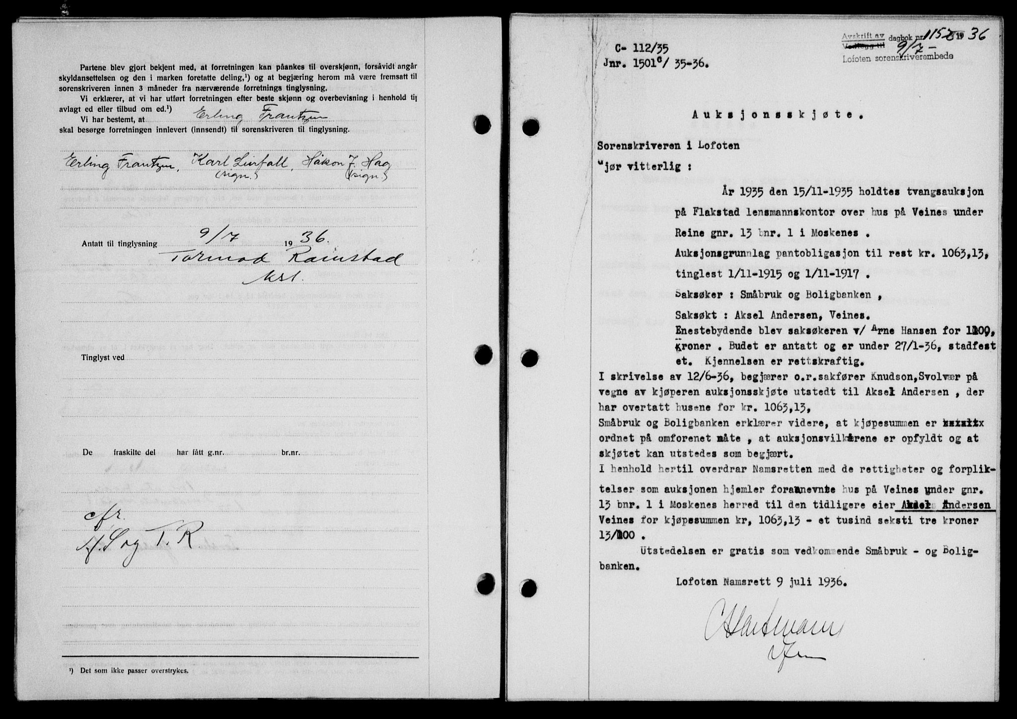Lofoten sorenskriveri, SAT/A-0017/1/2/2C/L0001a: Mortgage book no. 1a, 1936-1937, Diary no: : 1152/1936