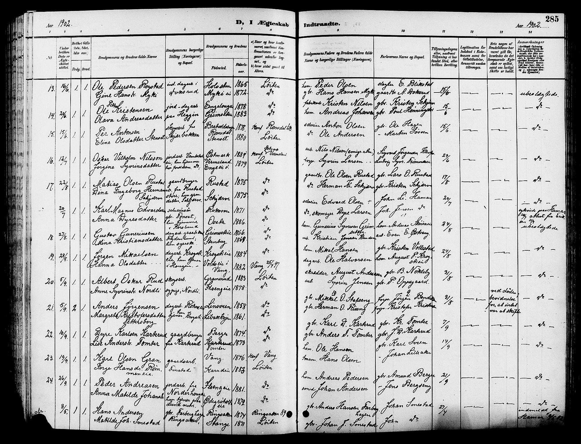 Løten prestekontor, SAH/PREST-022/L/La/L0006: Parish register (copy) no. 6, 1892-1909, p. 285