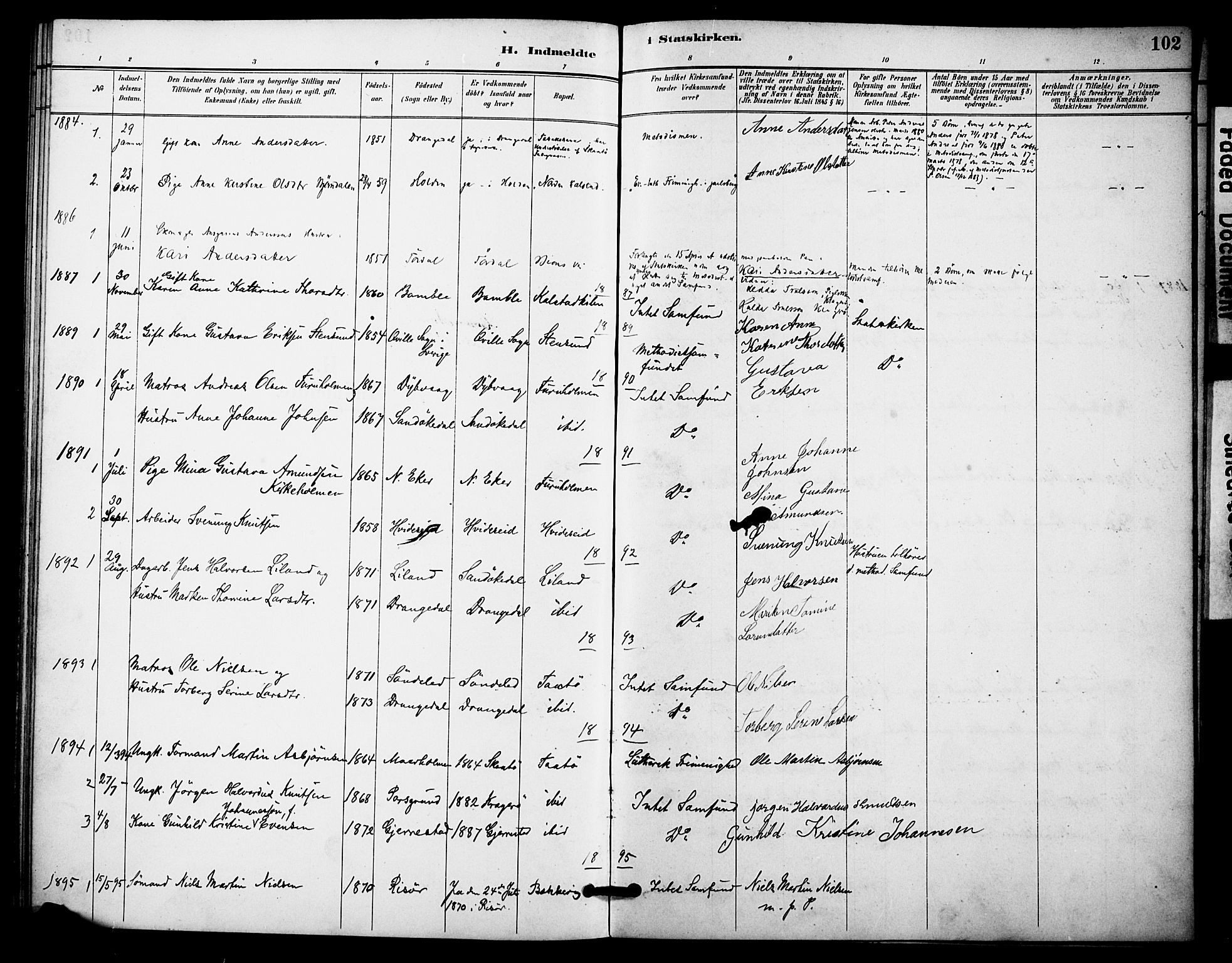 Skåtøy kirkebøker, AV/SAKO-A-304/F/Fa/L0004: Parish register (official) no. I 4, 1884-1900, p. 102