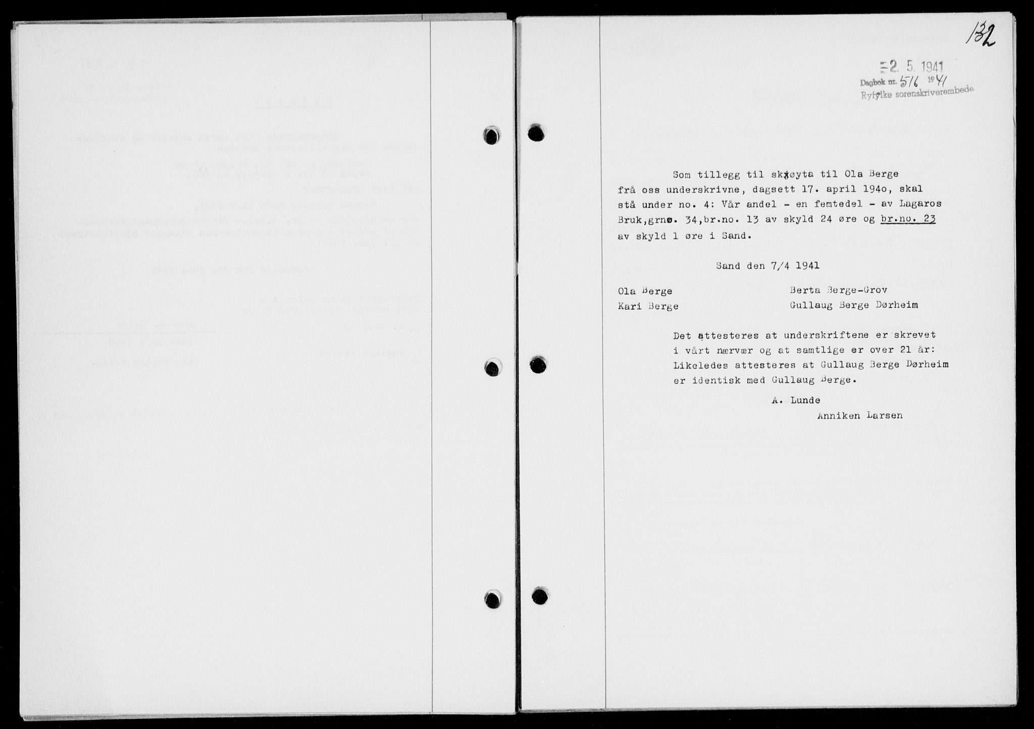 Ryfylke tingrett, SAST/A-100055/001/II/IIB/L0085: Mortgage book no. 64, 1941-1941, Diary no: : 516/1941