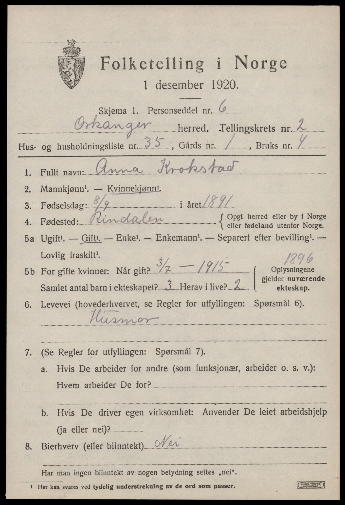 SAT, 1920 census for Orkanger, 1920, p. 1739