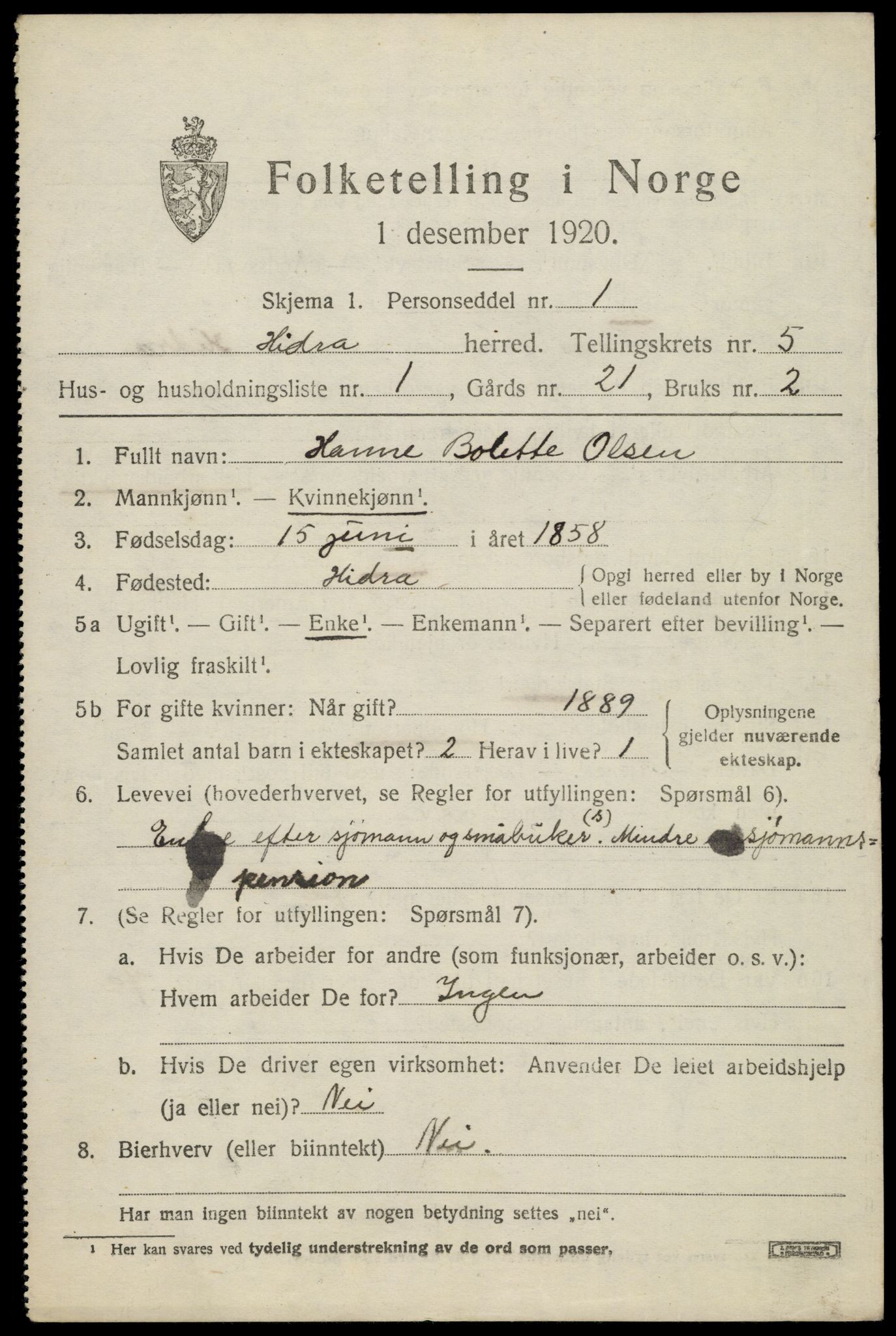 SAK, 1920 census for Hidra, 1920, p. 3508