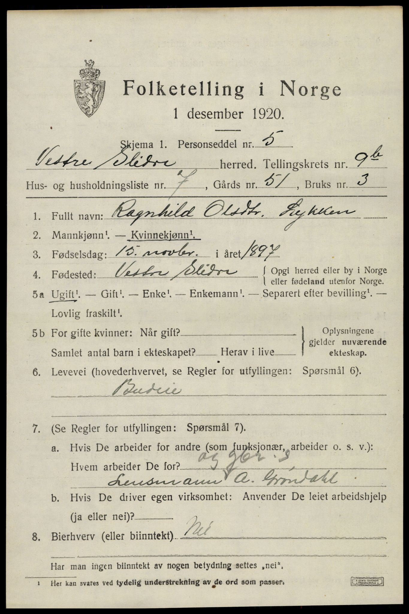 SAH, 1920 census for Vestre Slidre, 1920, p. 5688