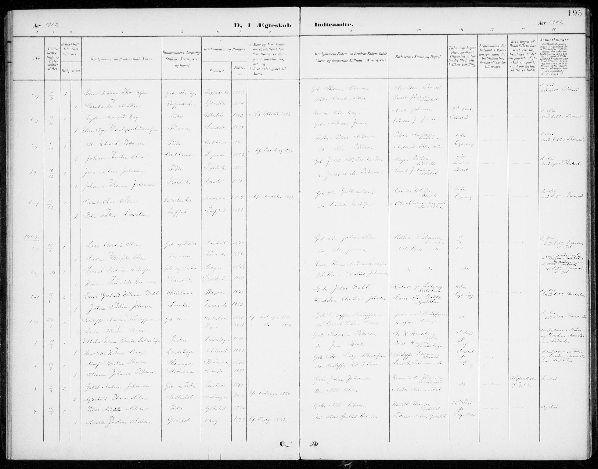 Lenvik sokneprestembete, SATØ/S-1310/H/Ha/Haa/L0014kirke: Parish register (official) no. 14, 1899-1909, p. 195
