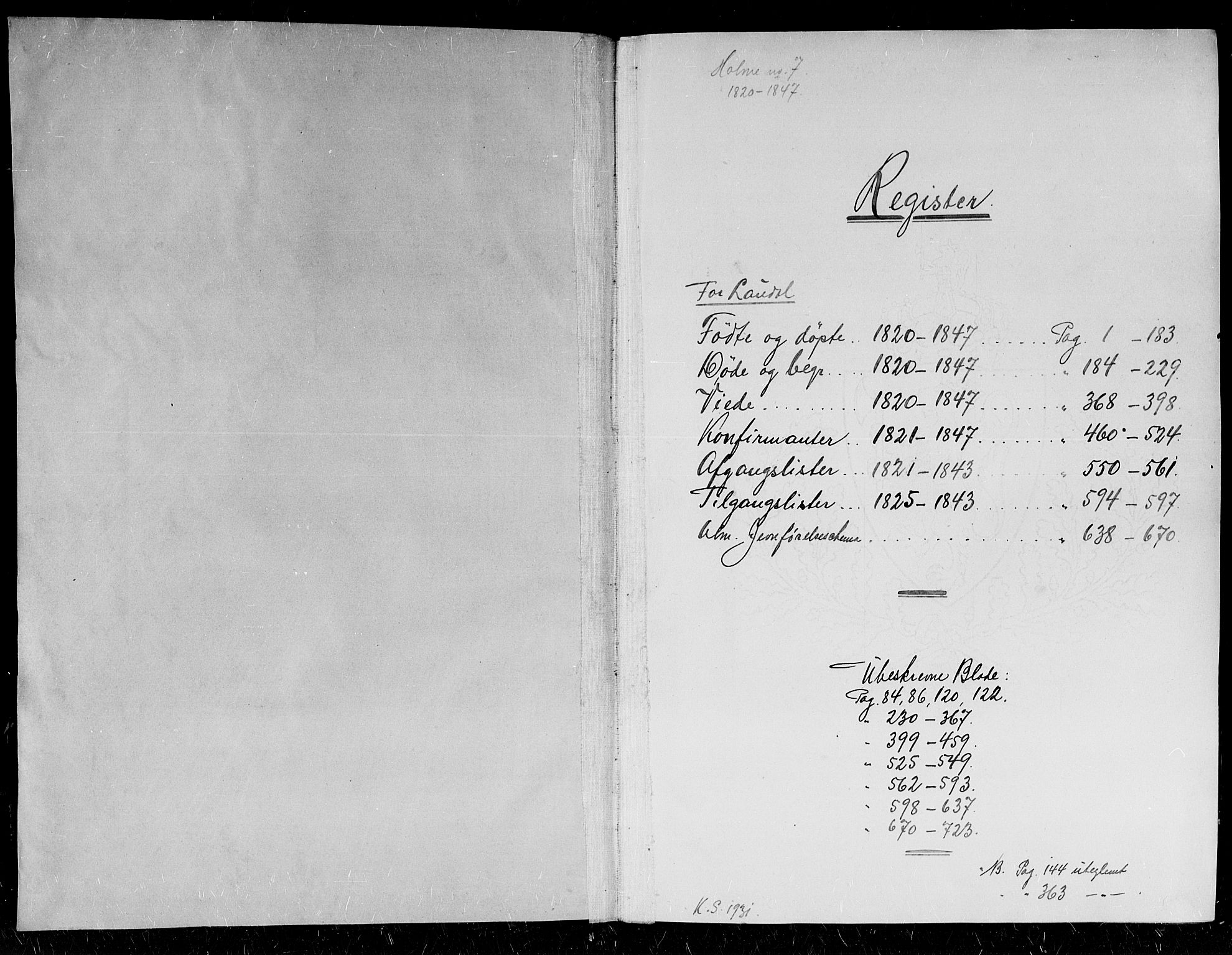 Holum sokneprestkontor, SAK/1111-0022/F/Fb/Fbb/L0001: Parish register (copy) no. B 1, 1820-1847