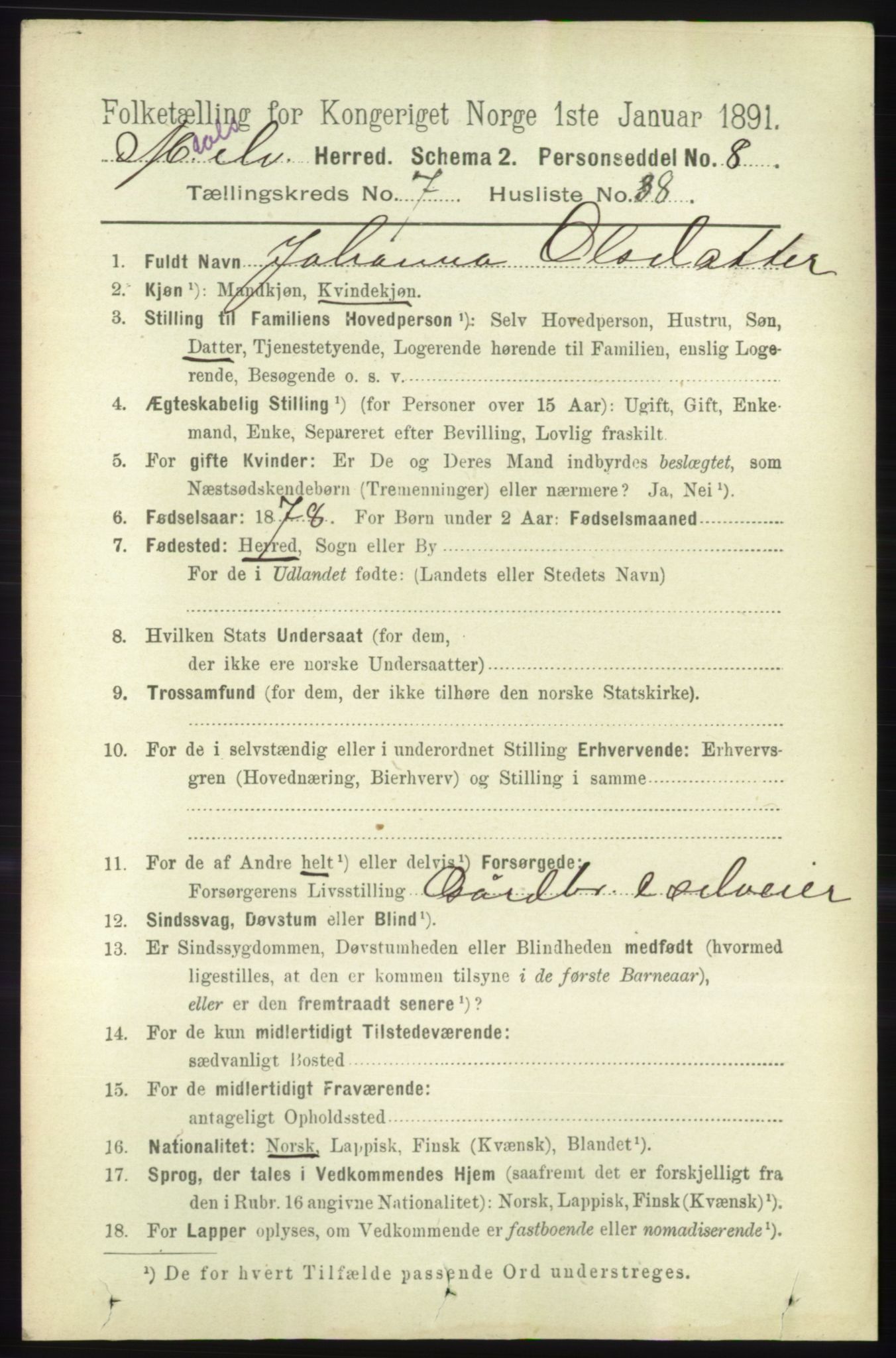 RA, 1891 census for 1924 Målselv, 1891, p. 2492