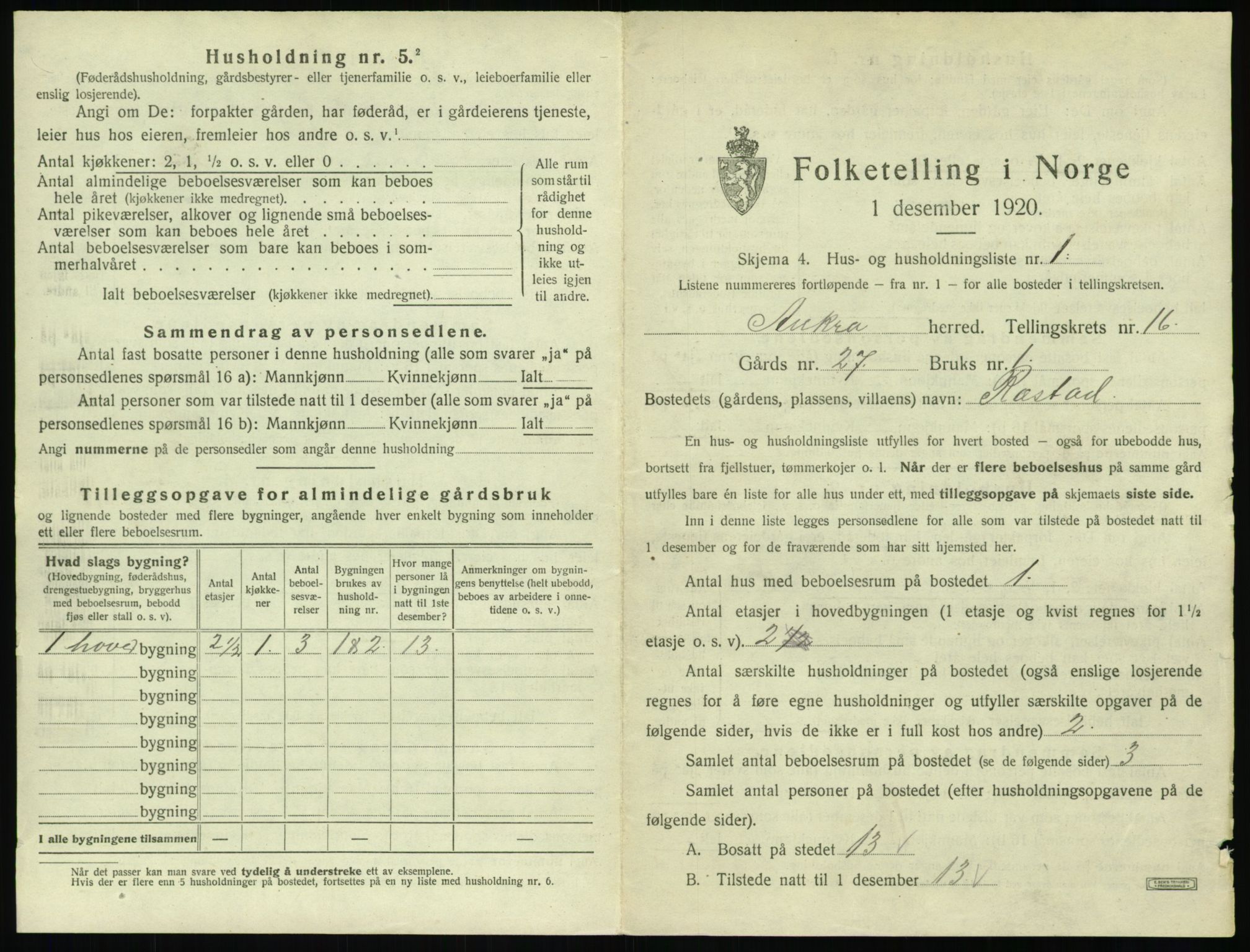 SAT, 1920 census for Aukra, 1920, p. 949