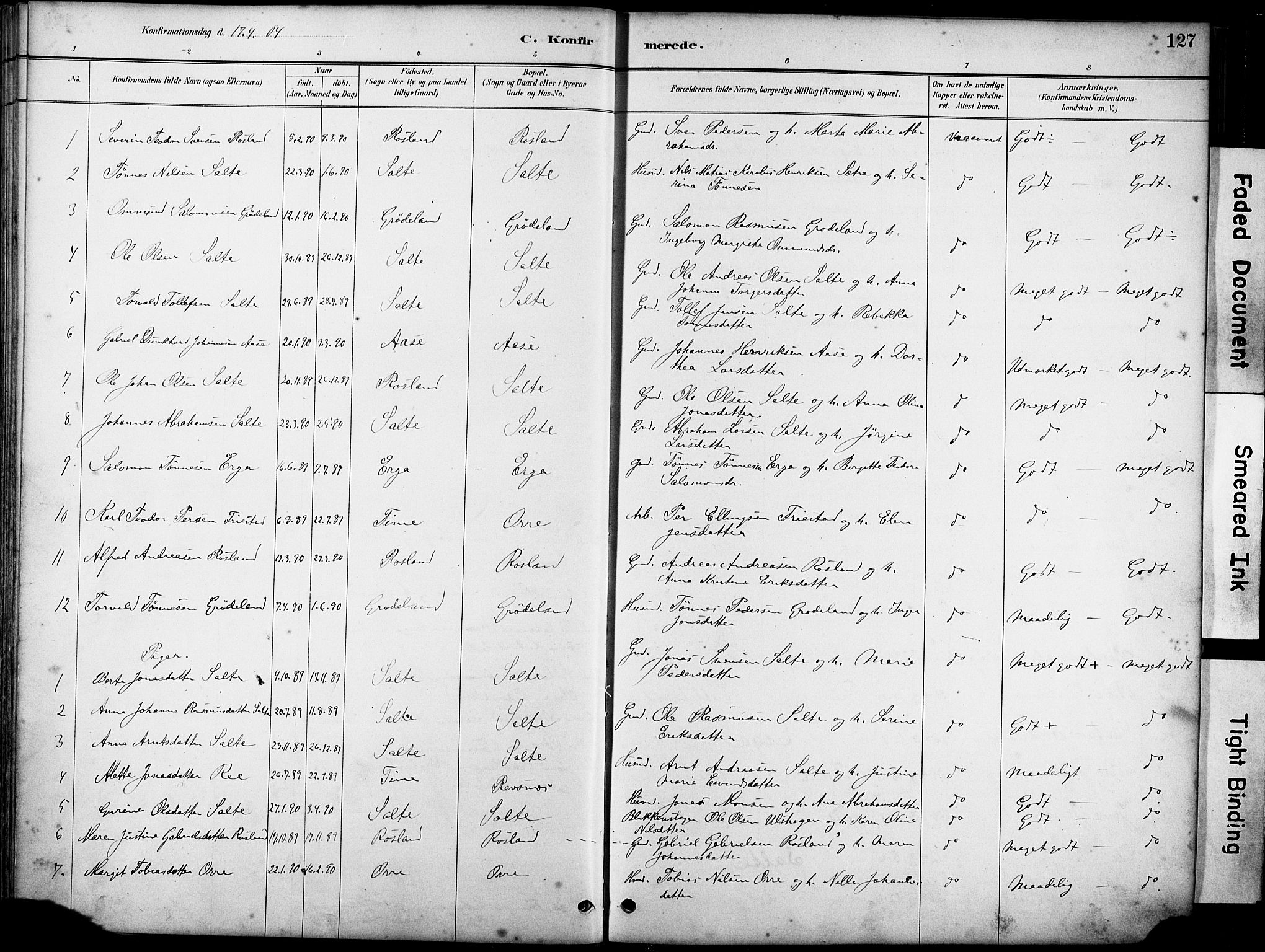 Klepp sokneprestkontor, AV/SAST-A-101803/001/3/30BA/L0007: Parish register (official) no. A 8, 1886-1912, p. 127