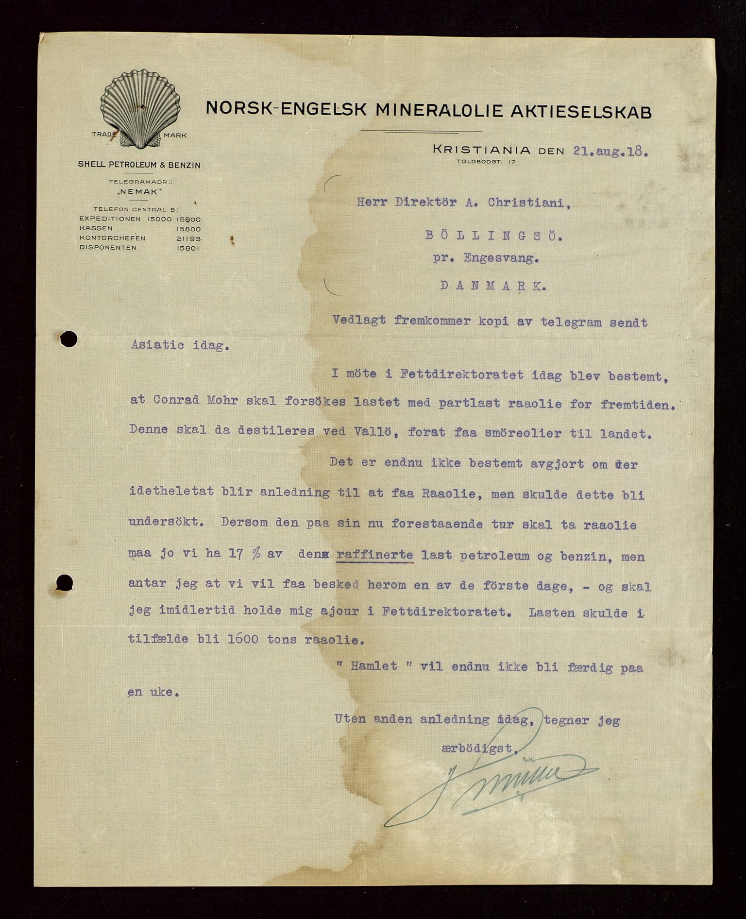 Pa 1521 - A/S Norske Shell, AV/SAST-A-101915/E/Ea/Eaa/L0004: Sjefskorrespondanse, 1918, p. 13