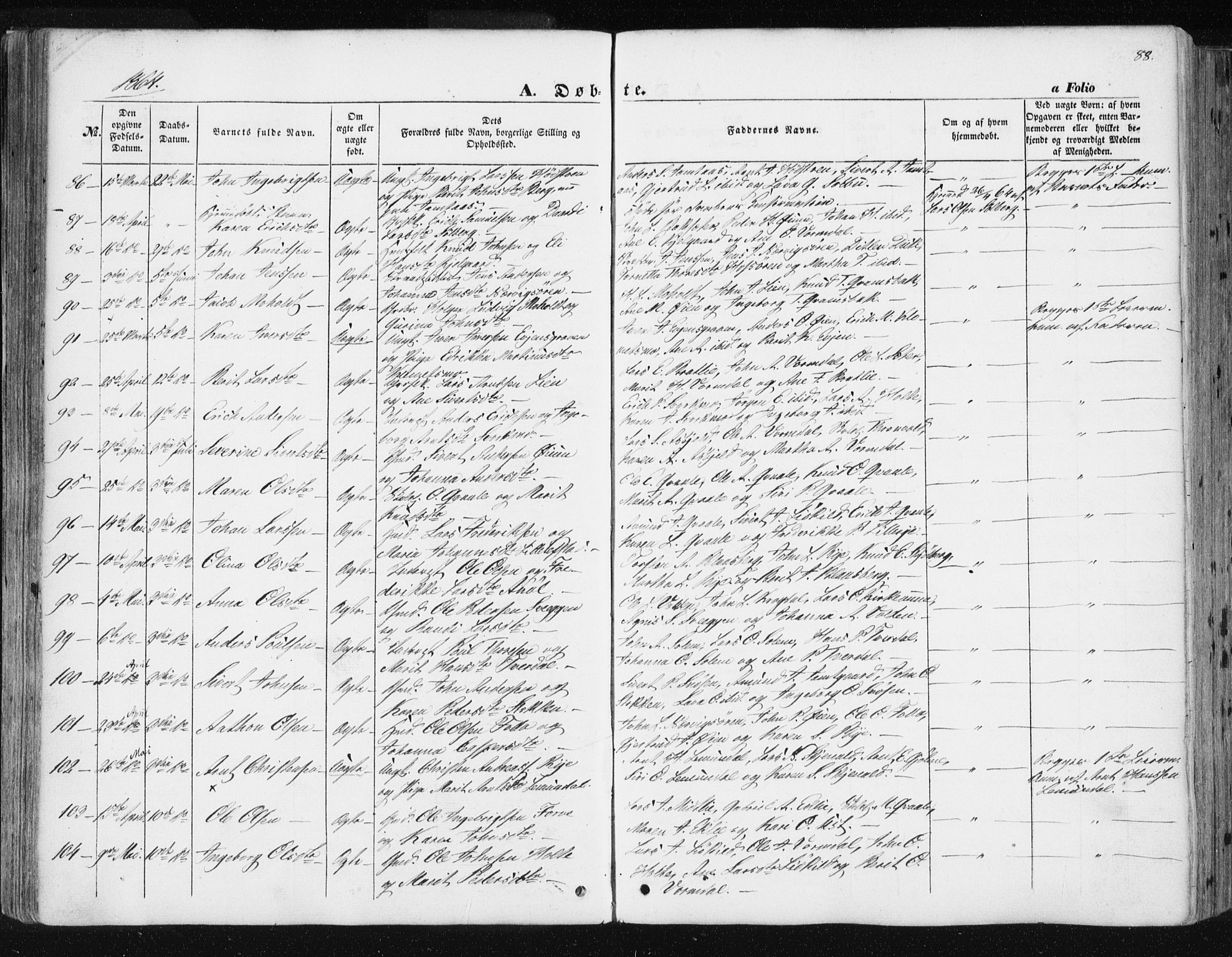 Ministerialprotokoller, klokkerbøker og fødselsregistre - Sør-Trøndelag, SAT/A-1456/668/L0806: Parish register (official) no. 668A06, 1854-1869, p. 88