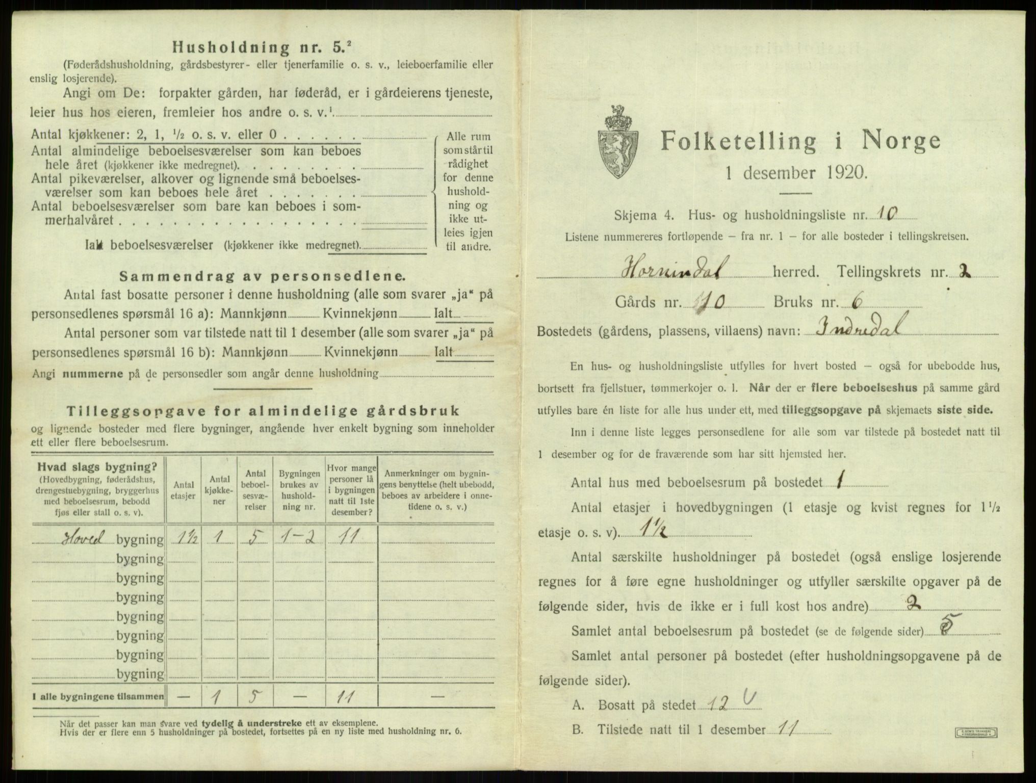 SAB, 1920 census for Hornindal, 1920, p. 100