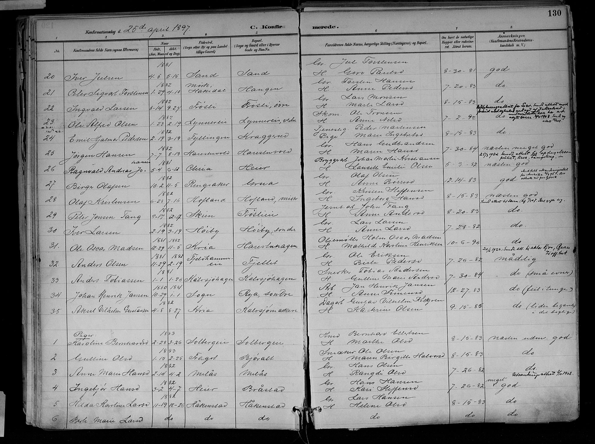 Jevnaker prestekontor, SAH/PREST-116/H/Ha/Haa/L0010: Parish register (official) no. 10, 1891-1906, p. 130