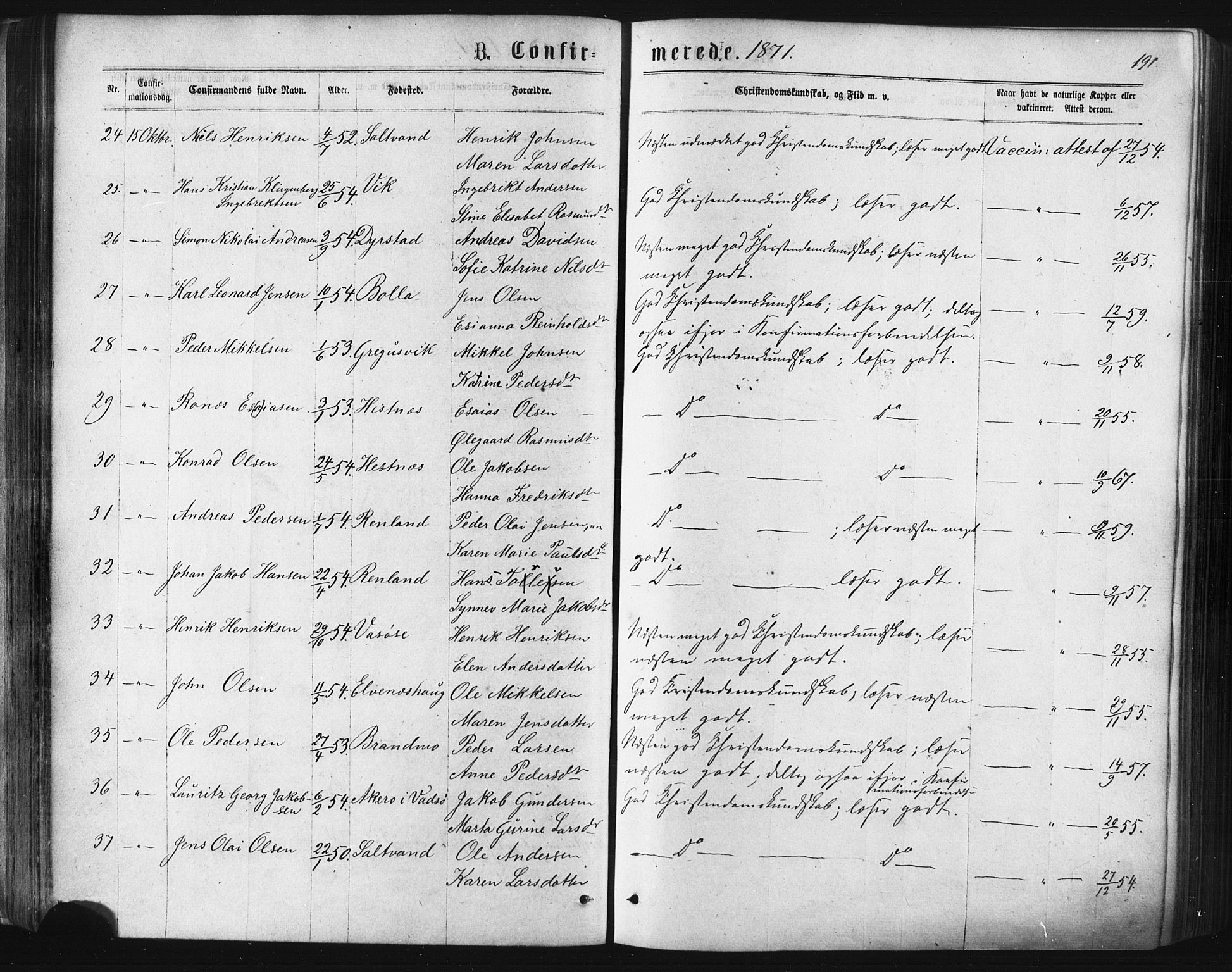 Ibestad sokneprestembete, SATØ/S-0077/H/Ha/Haa/L0010kirke: Parish register (official) no. 10, 1869-1879, p. 191