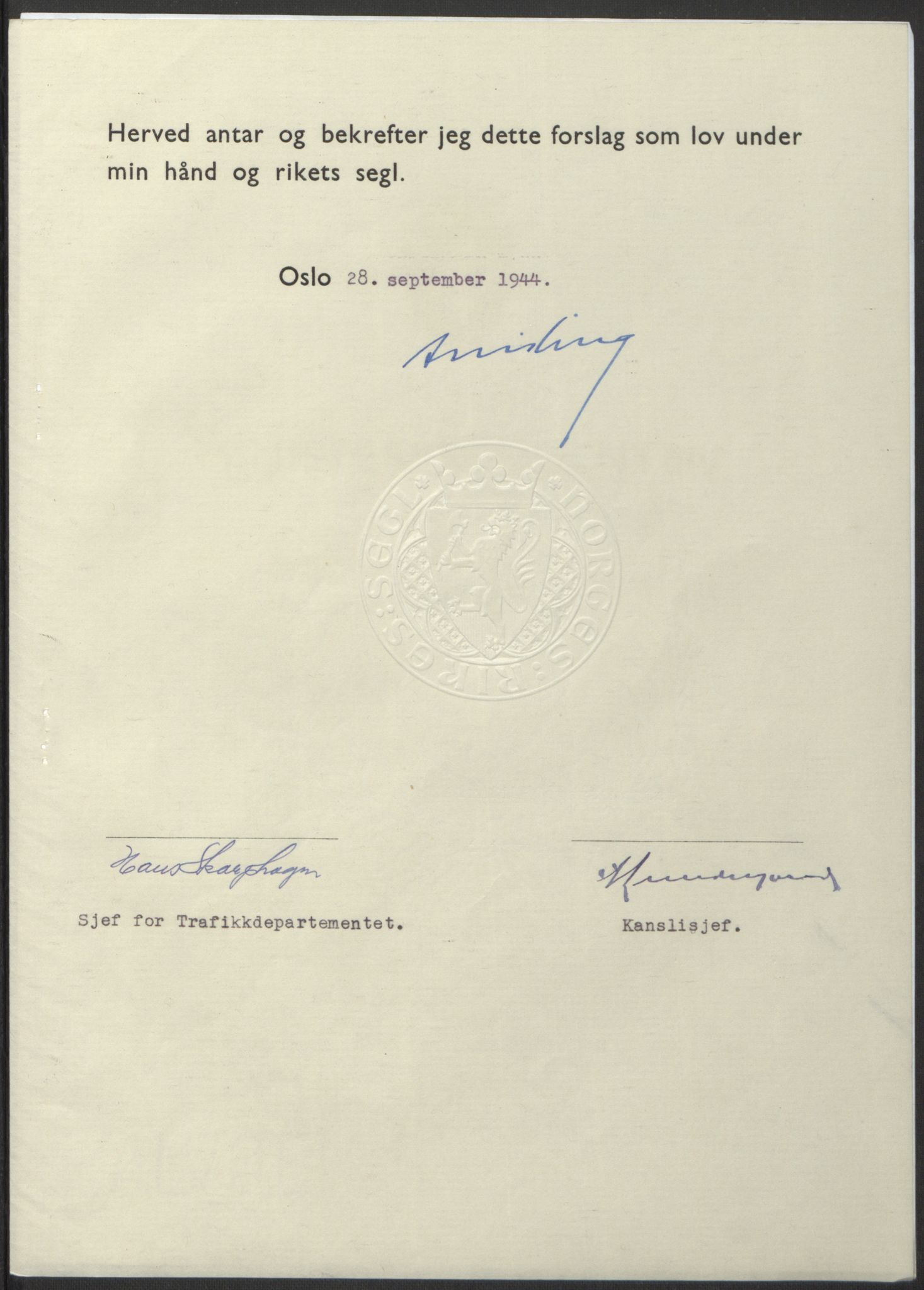 NS-administrasjonen 1940-1945 (Statsrådsekretariatet, de kommisariske statsråder mm), RA/S-4279/D/Db/L0100: Lover, 1944, p. 463