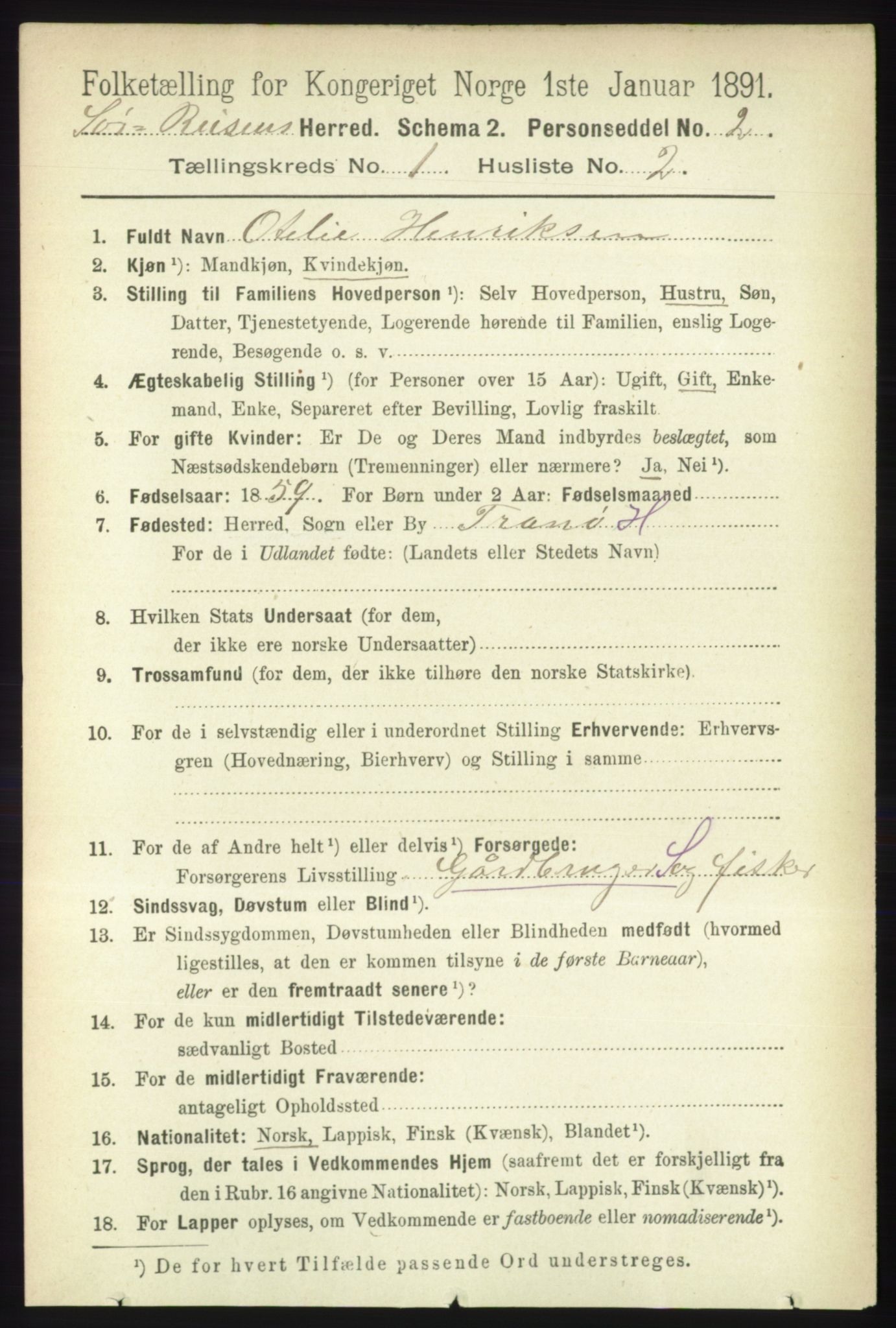 RA, 1891 census for 1925 Sørreisa, 1891, p. 70