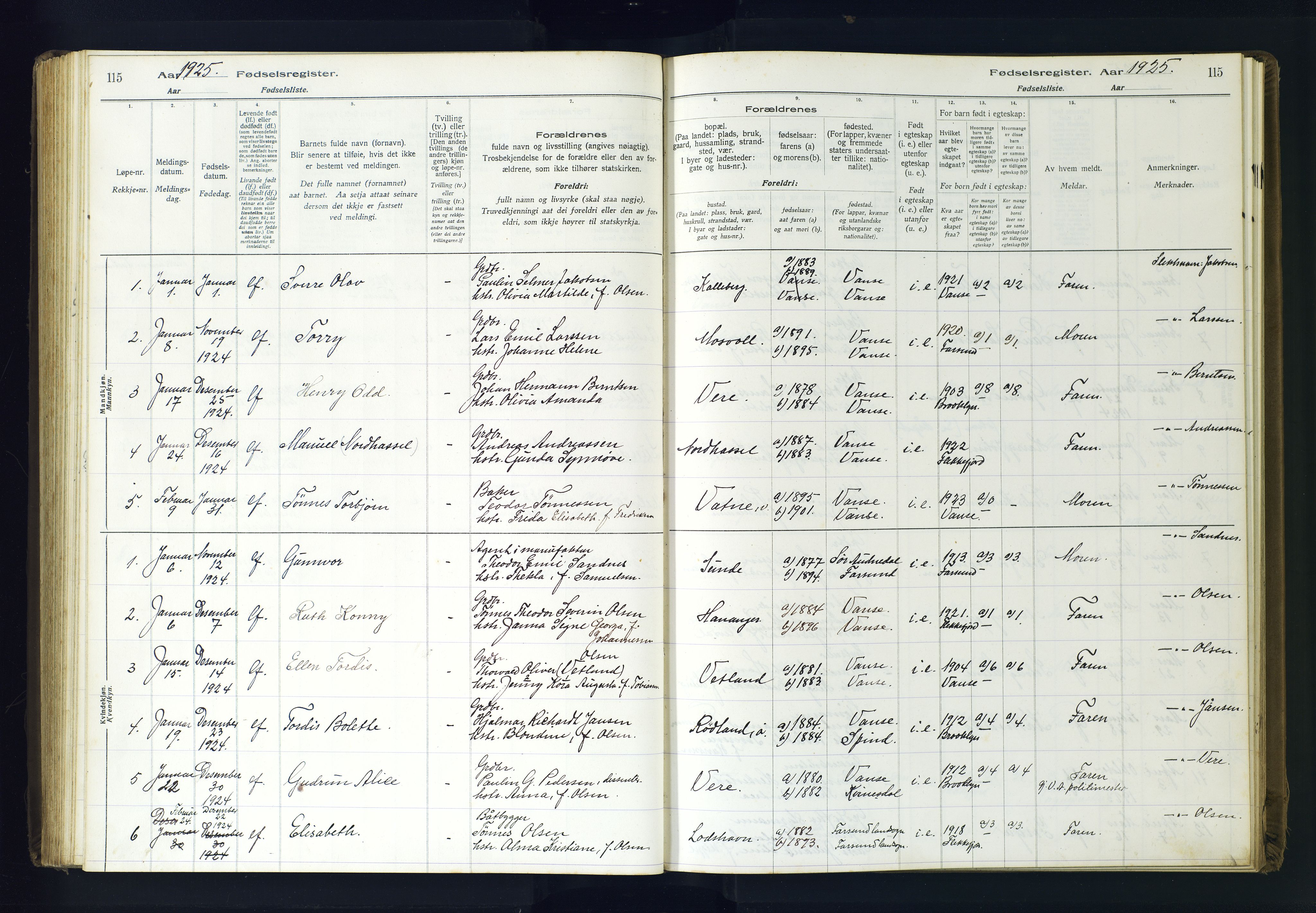 Lista sokneprestkontor, AV/SAK-1111-0027/J/Ja/L0001: Birth register no. A-VI-30, 1916-1934, p. 115