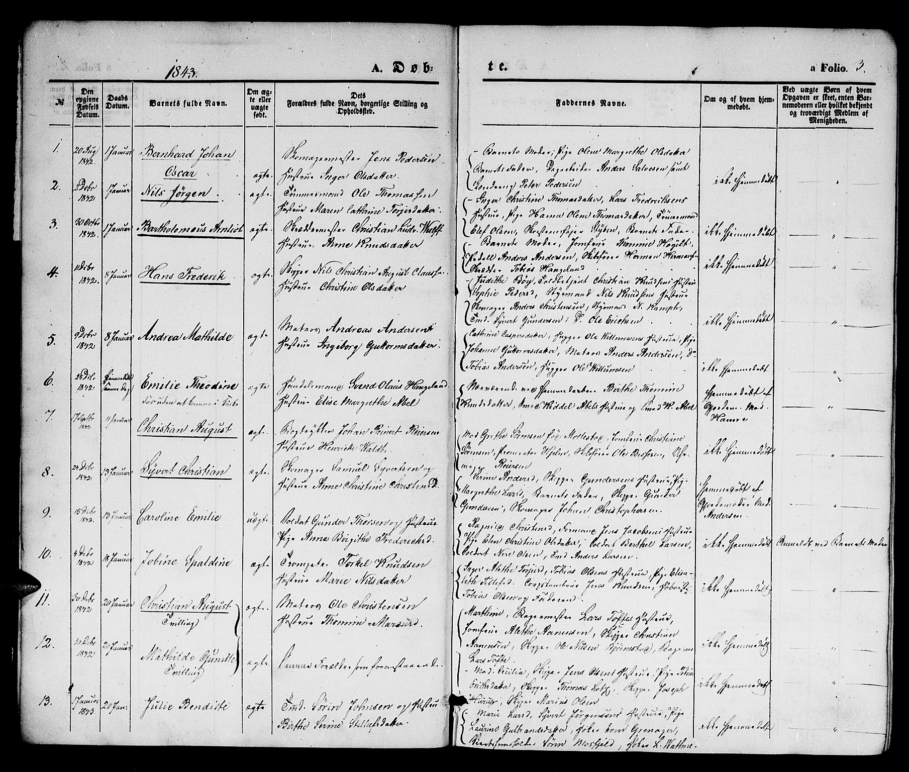 Kristiansand domprosti, SAK/1112-0006/F/Fb/L0010: Parish register (copy) no. B 10, 1843-1850, p. 3