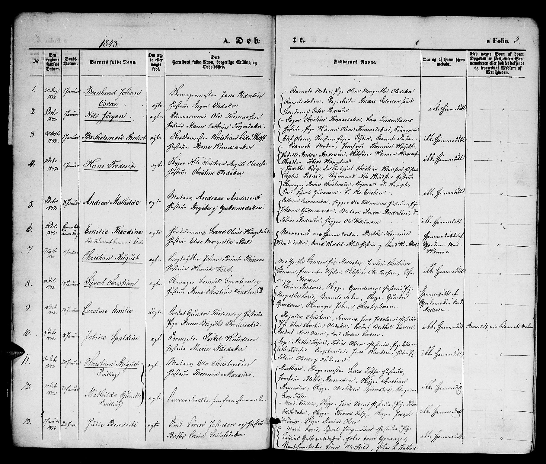 Kristiansand domprosti, AV/SAK-1112-0006/F/Fb/L0010: Parish register (copy) no. B 10, 1843-1850, p. 3