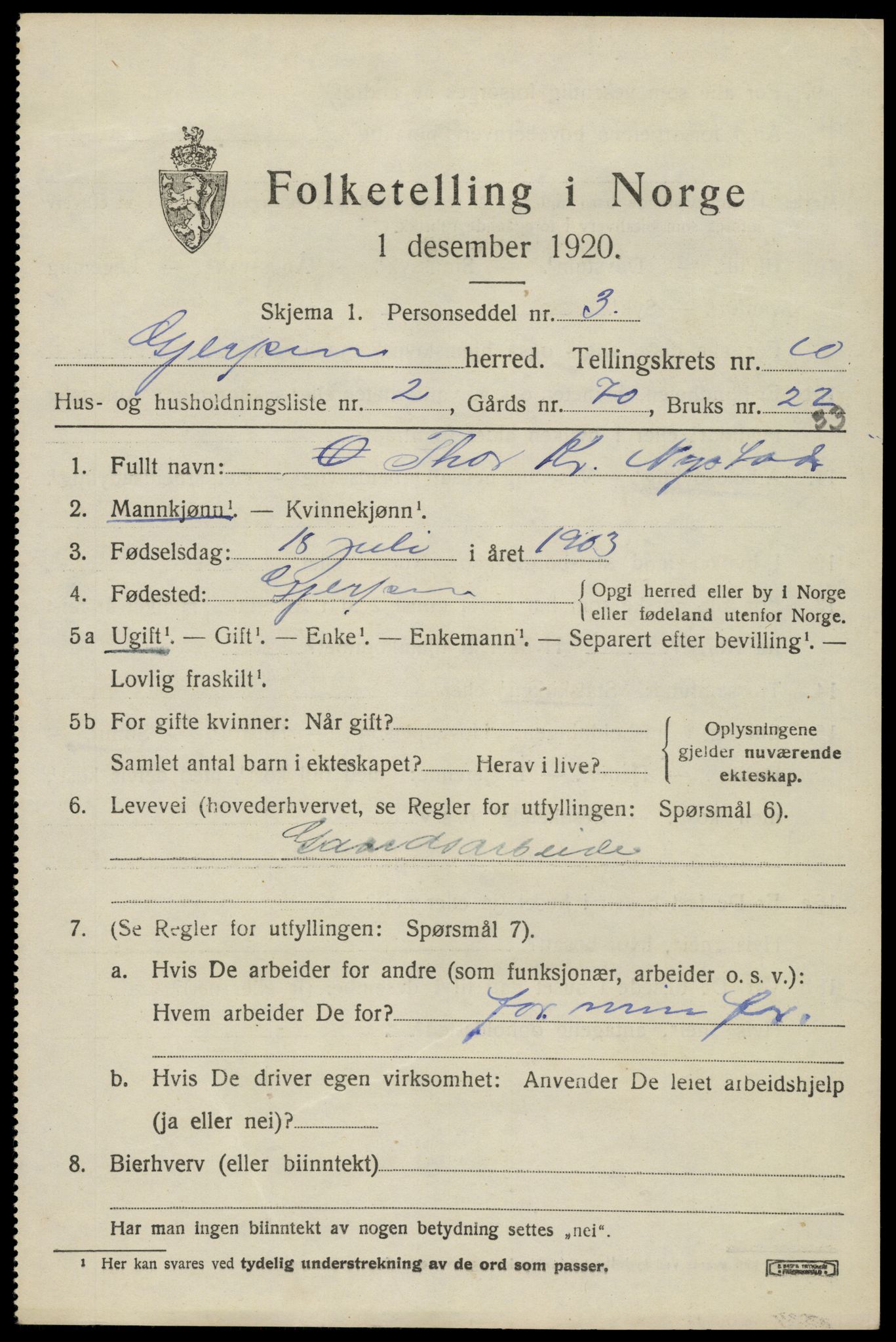 SAKO, 1920 census for Gjerpen, 1920, p. 11492