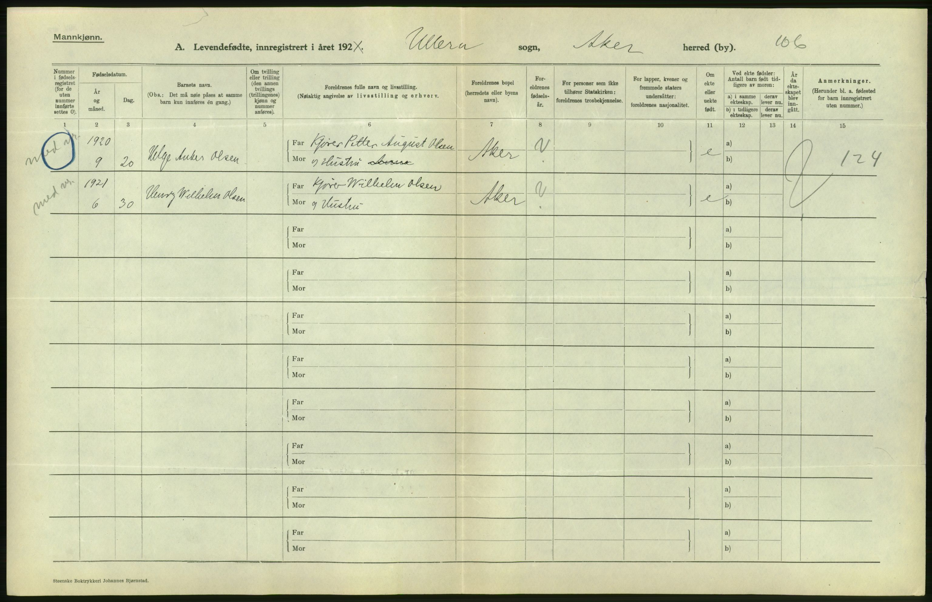 Statistisk sentralbyrå, Sosiodemografiske emner, Befolkning, AV/RA-S-2228/D/Df/Dfc/Dfca/L0004: Akershus fylke: Levendefødte menn og kvinner. Bygder., 1921, p. 30